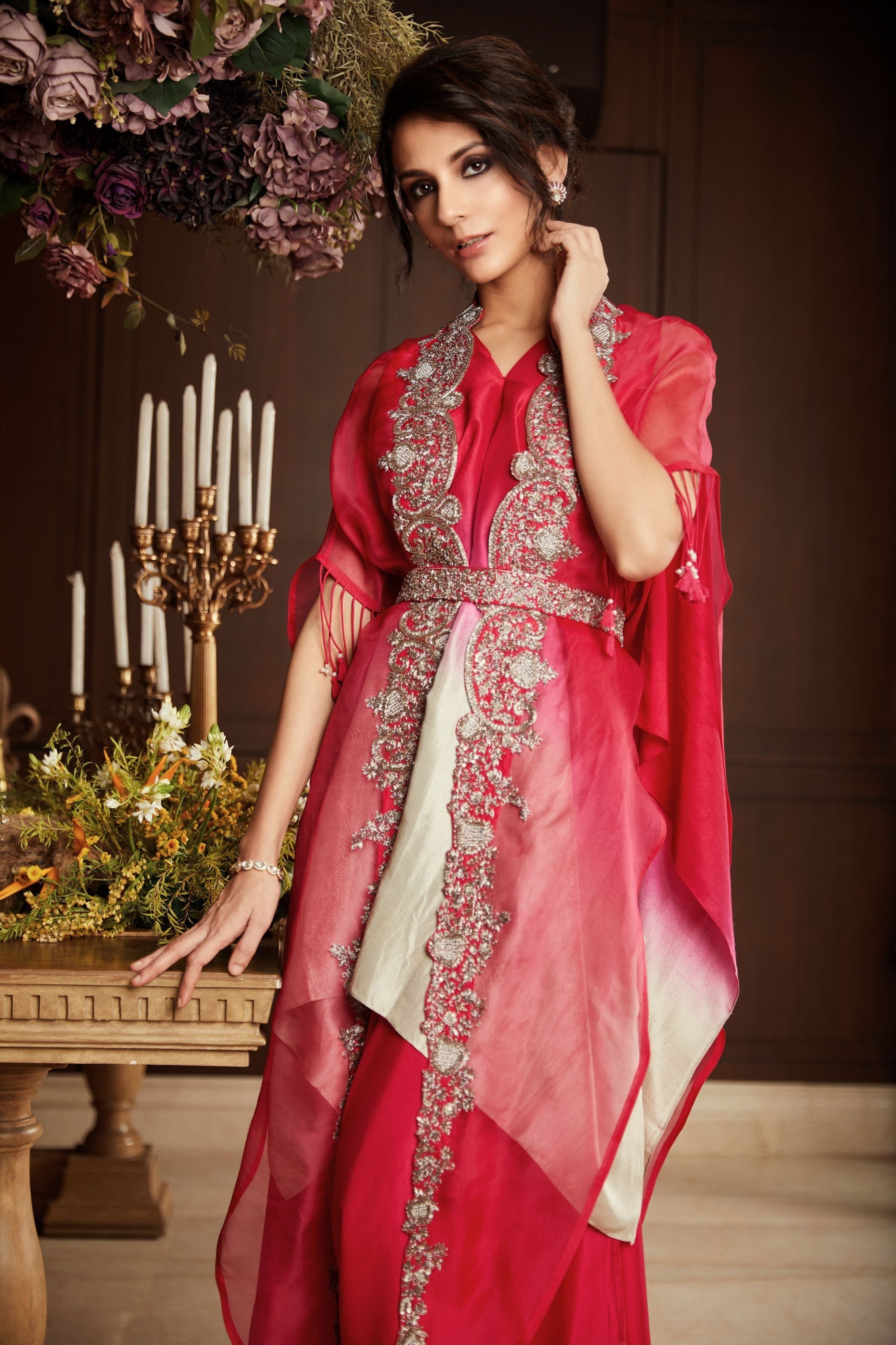 Ombre handkerchief with organza cape and cotton satin sharara Mokshaa