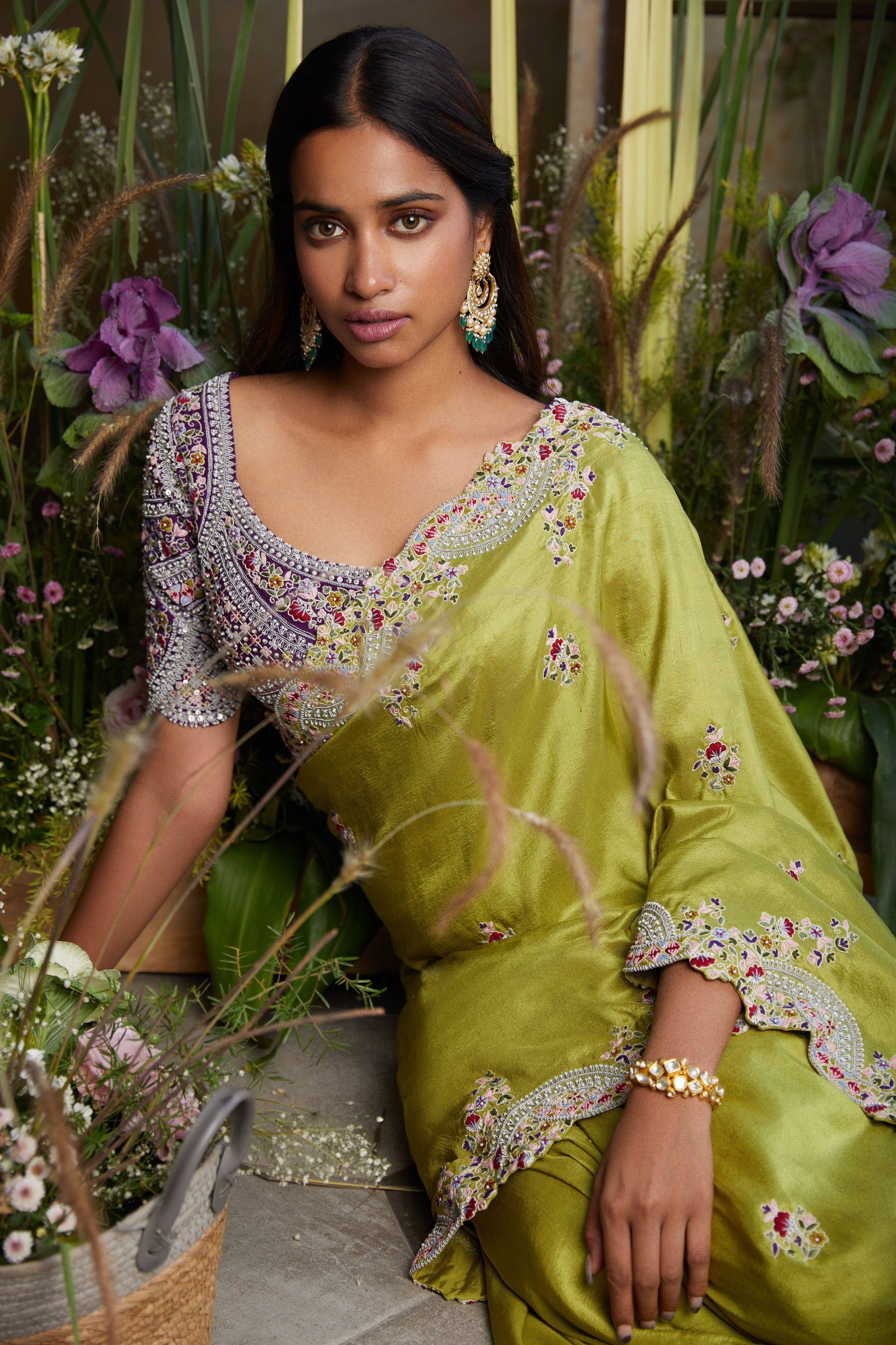 Lime Green Silk Saree with Purple Blouse Mokshaa