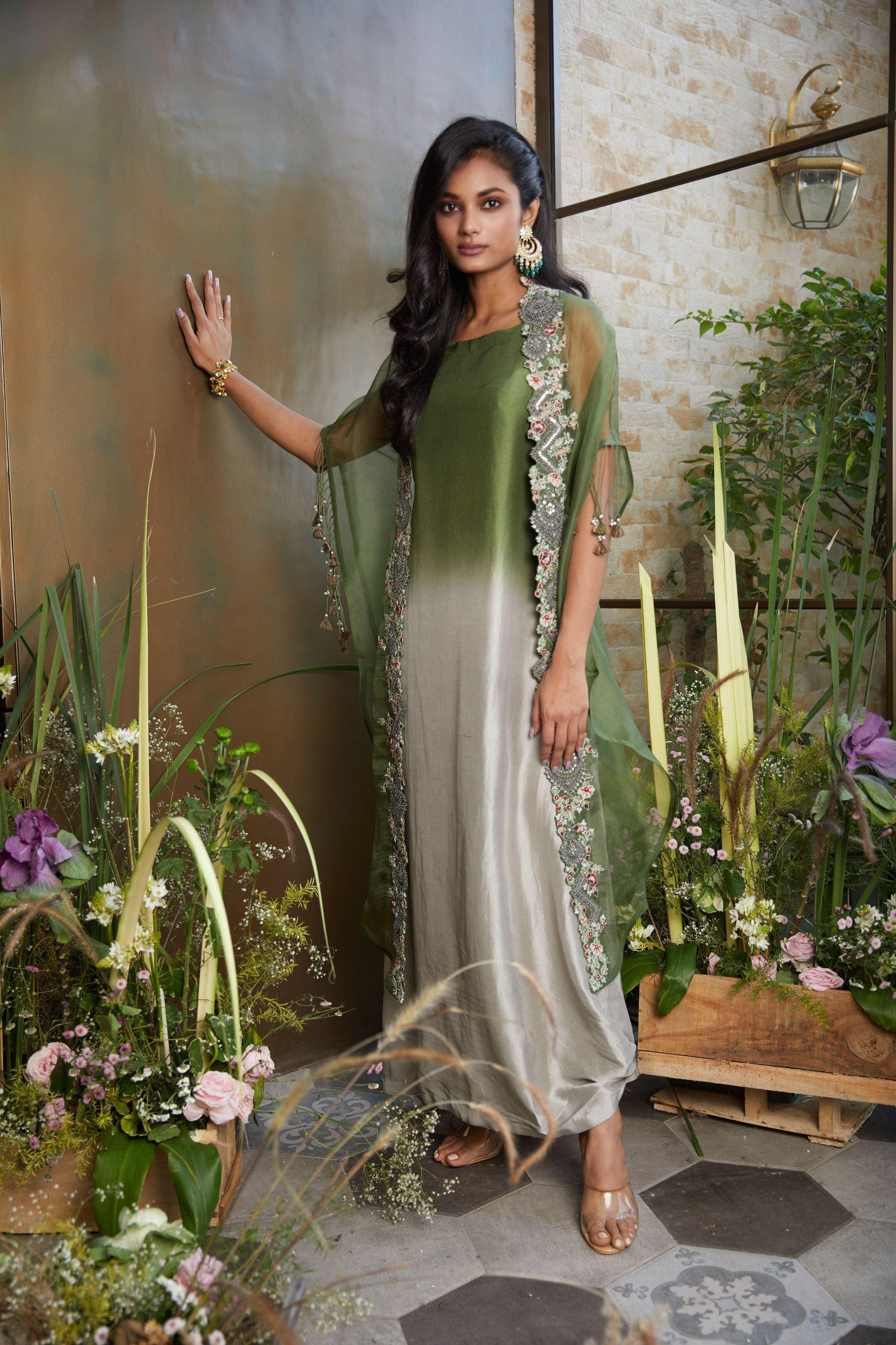 Ombre Silk Long Dress With Organza Cape | Premium Indo_western | Mokshaa XS Ombre Silk Long Dress With Organza Cape | Premium Indo_western | Mokshaa XS