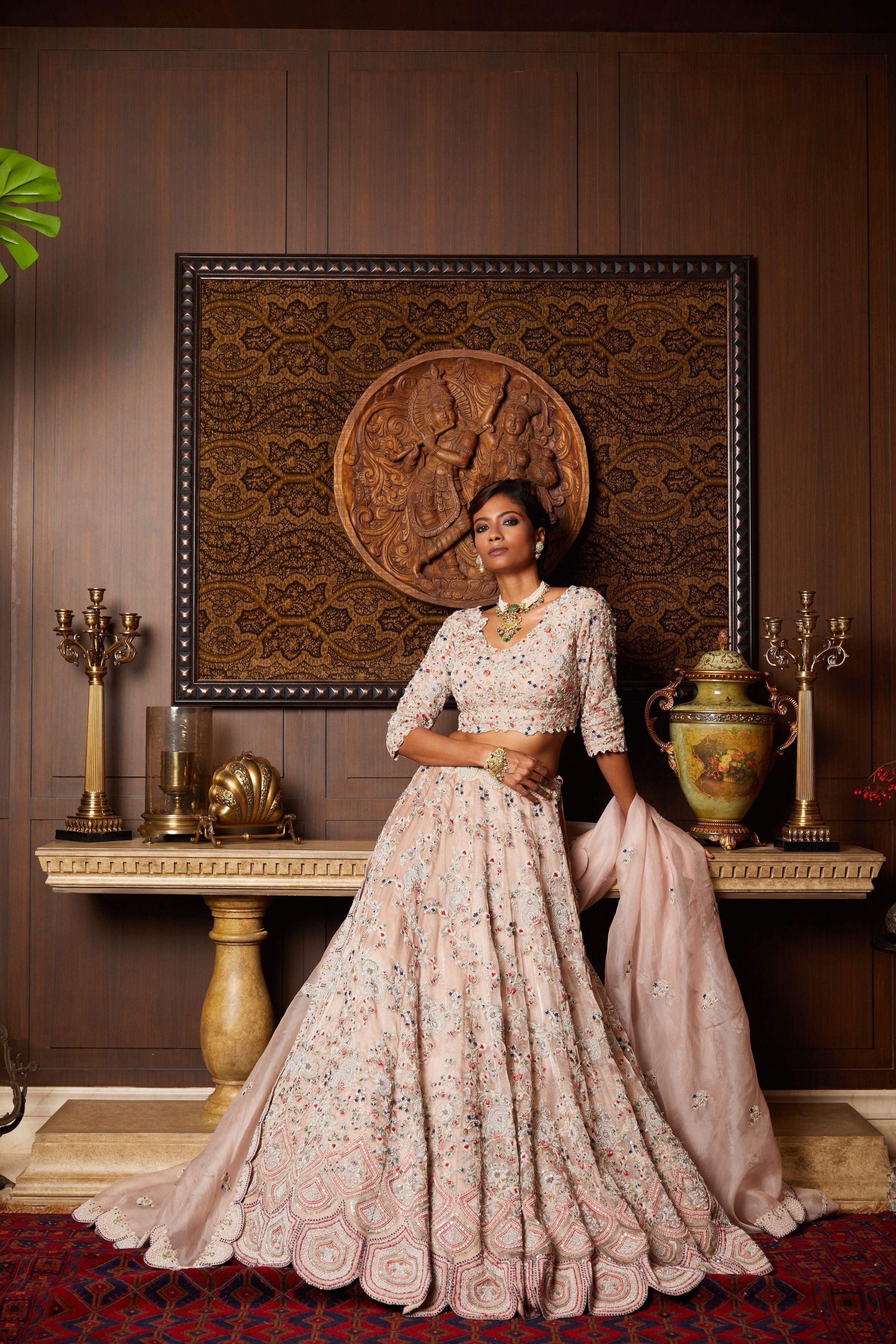 Light flamingo tissue lehenga and blouse with organza dupatta Mokshaa