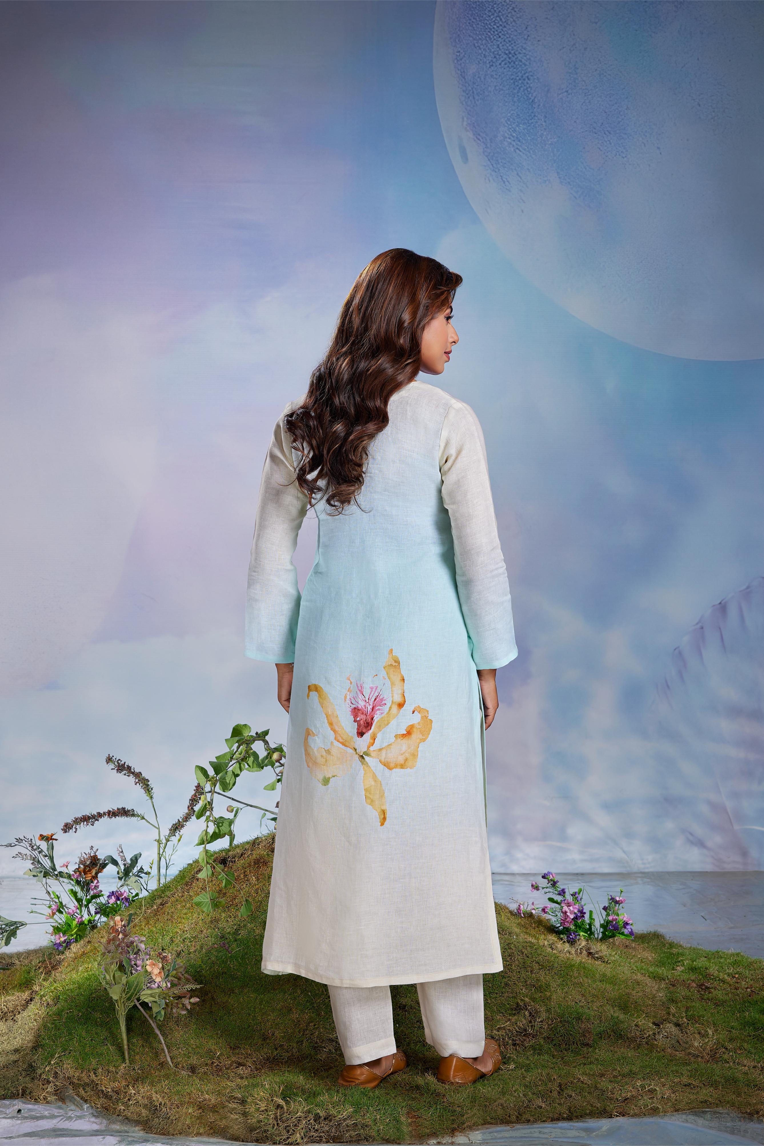 Mint Floral Linen Kurta Set