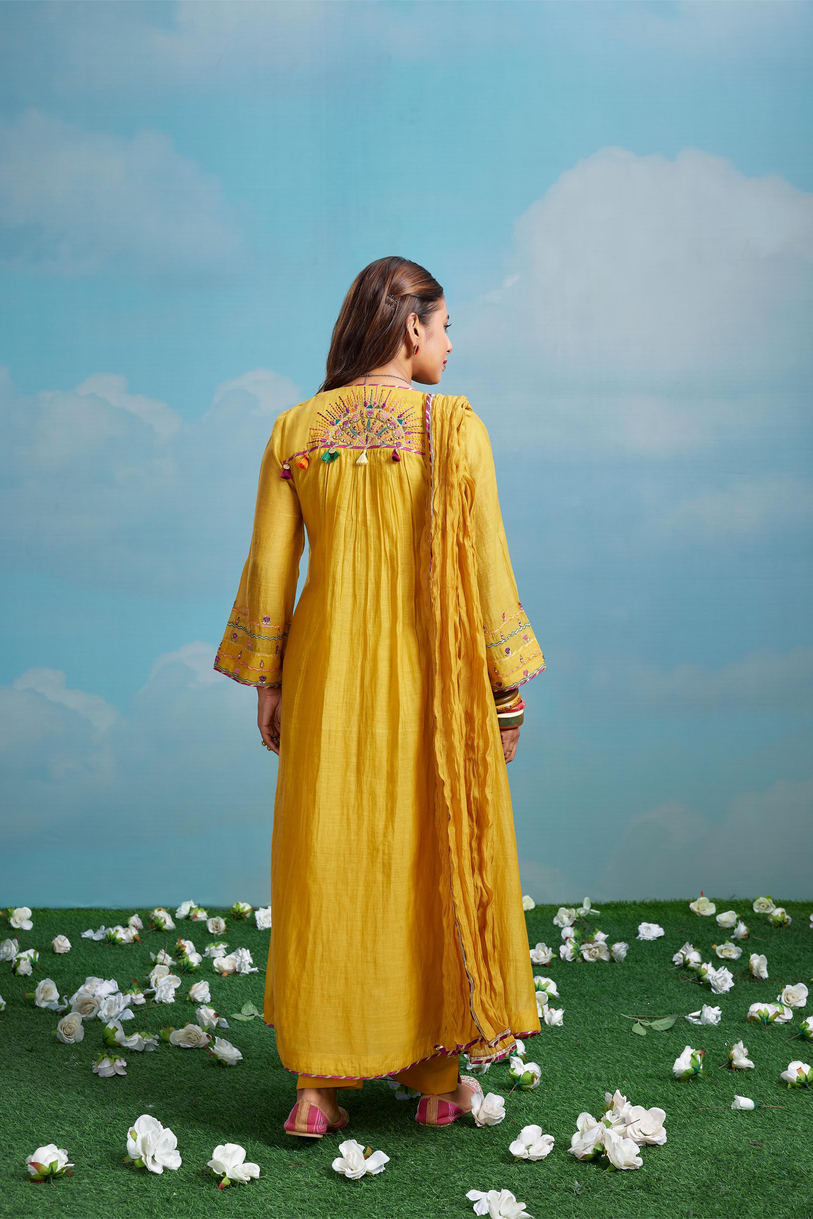Mustard Mul Anarkali Set