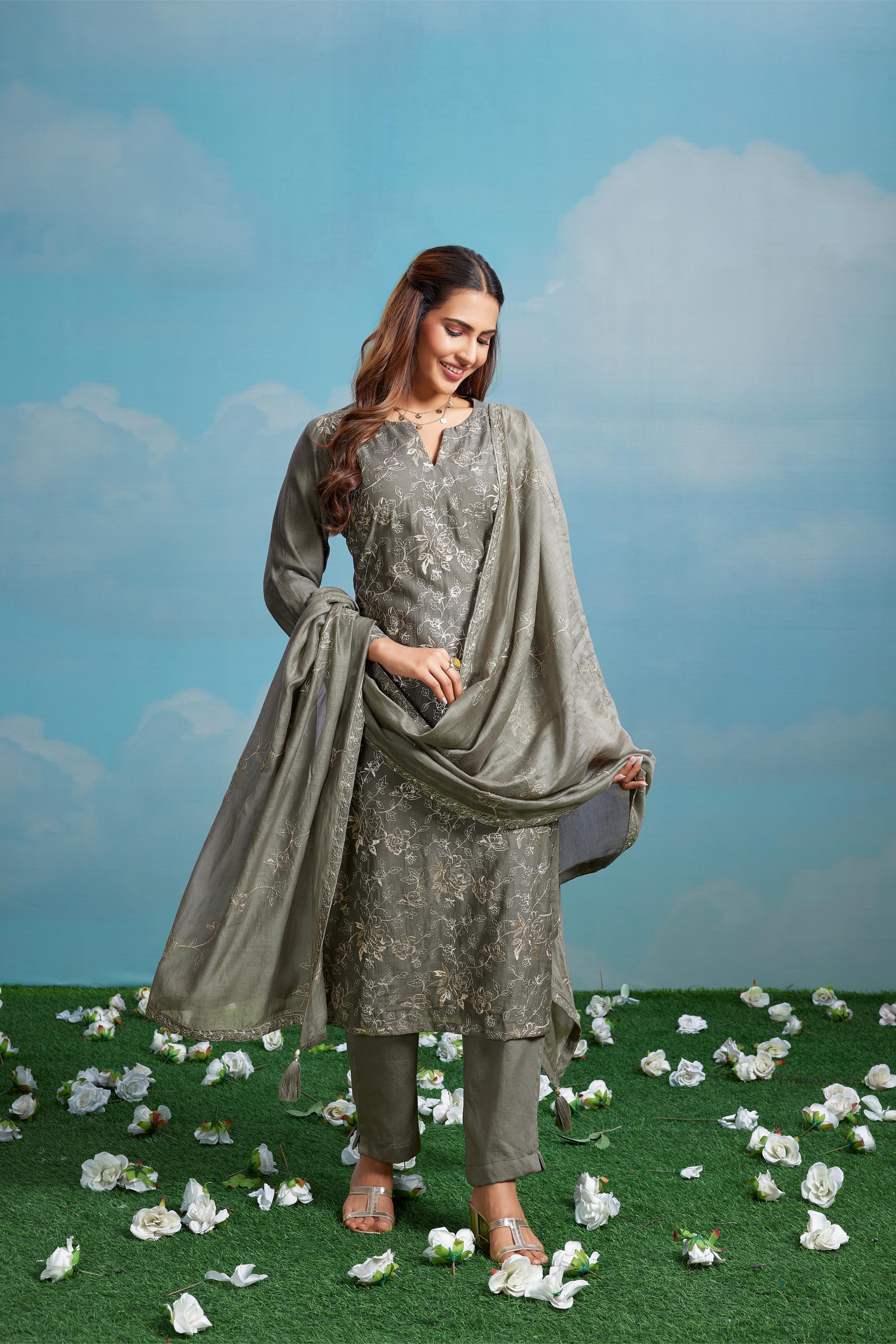 Sage Grey Embroidered Salwar Set