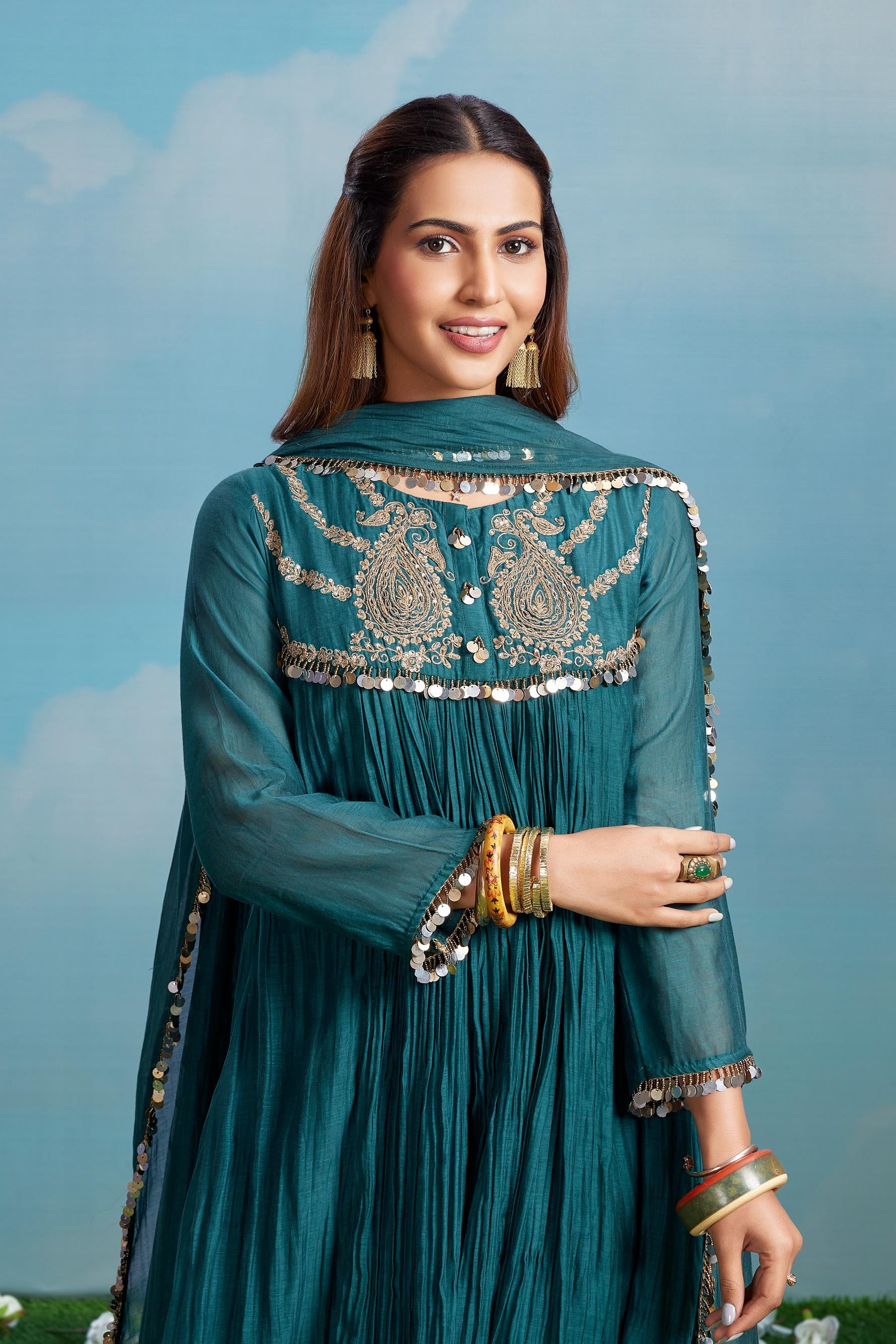 Teal Embroidered Anarkali Set