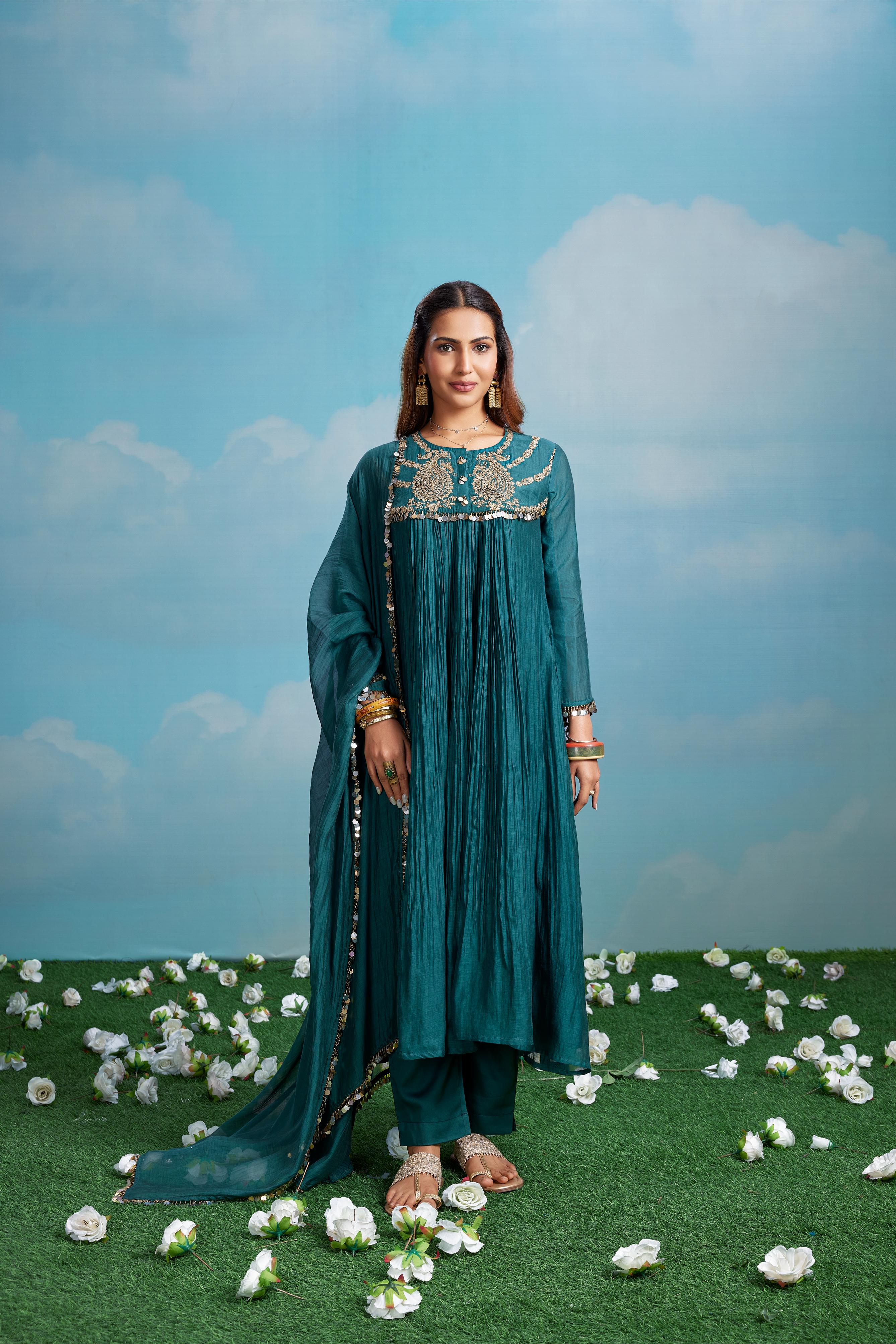 Teal Embroidered Anarkali Set