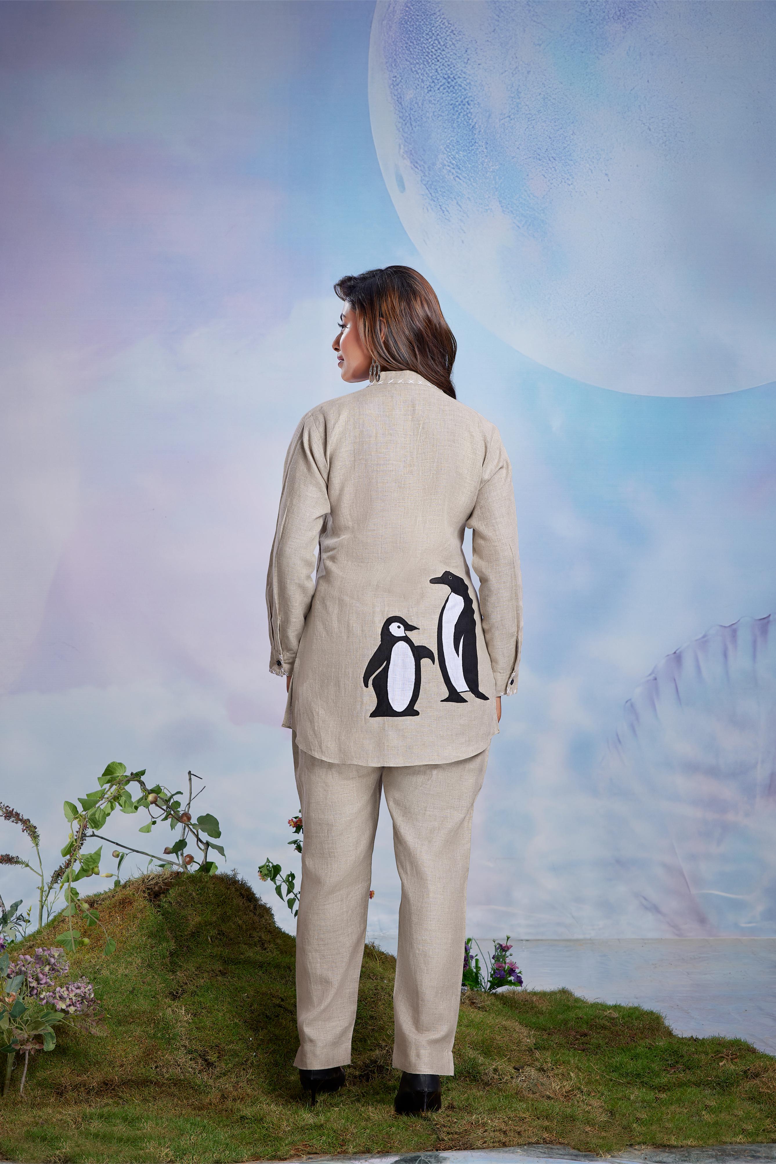 Beige Penguin Embroidered Co-Ord Set