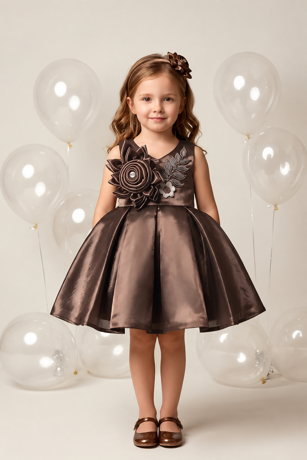 Chocolate Brown Satin Floral Embellished Party Frock for Girls