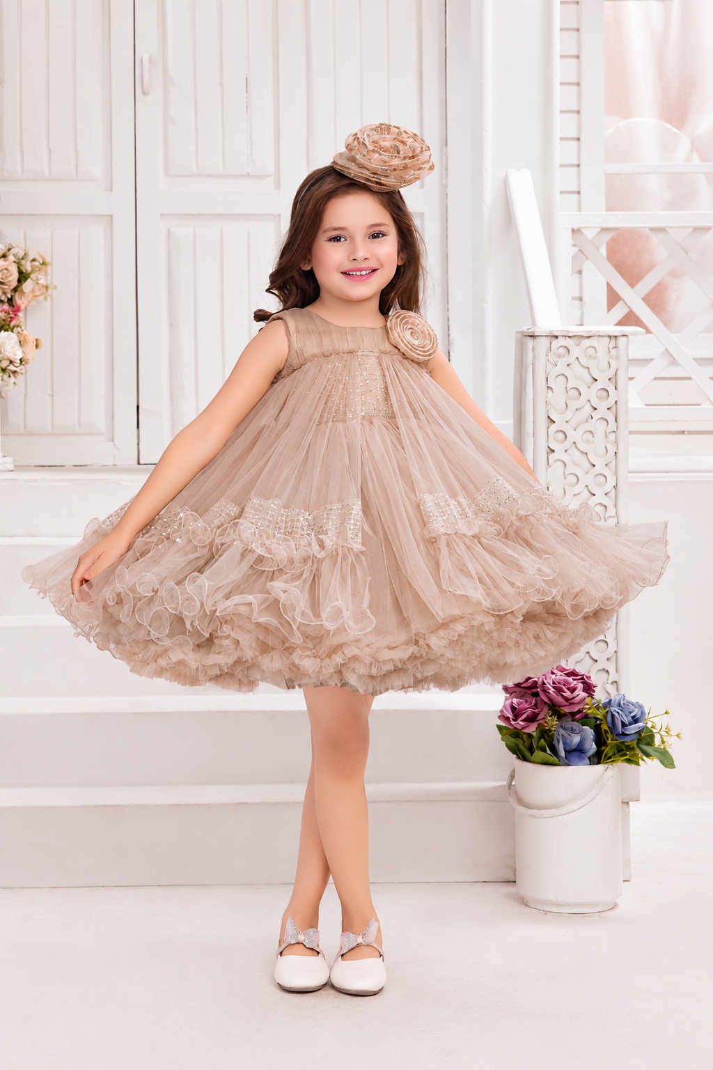 Champagne Net Floral Embellished Party Frock for Girls