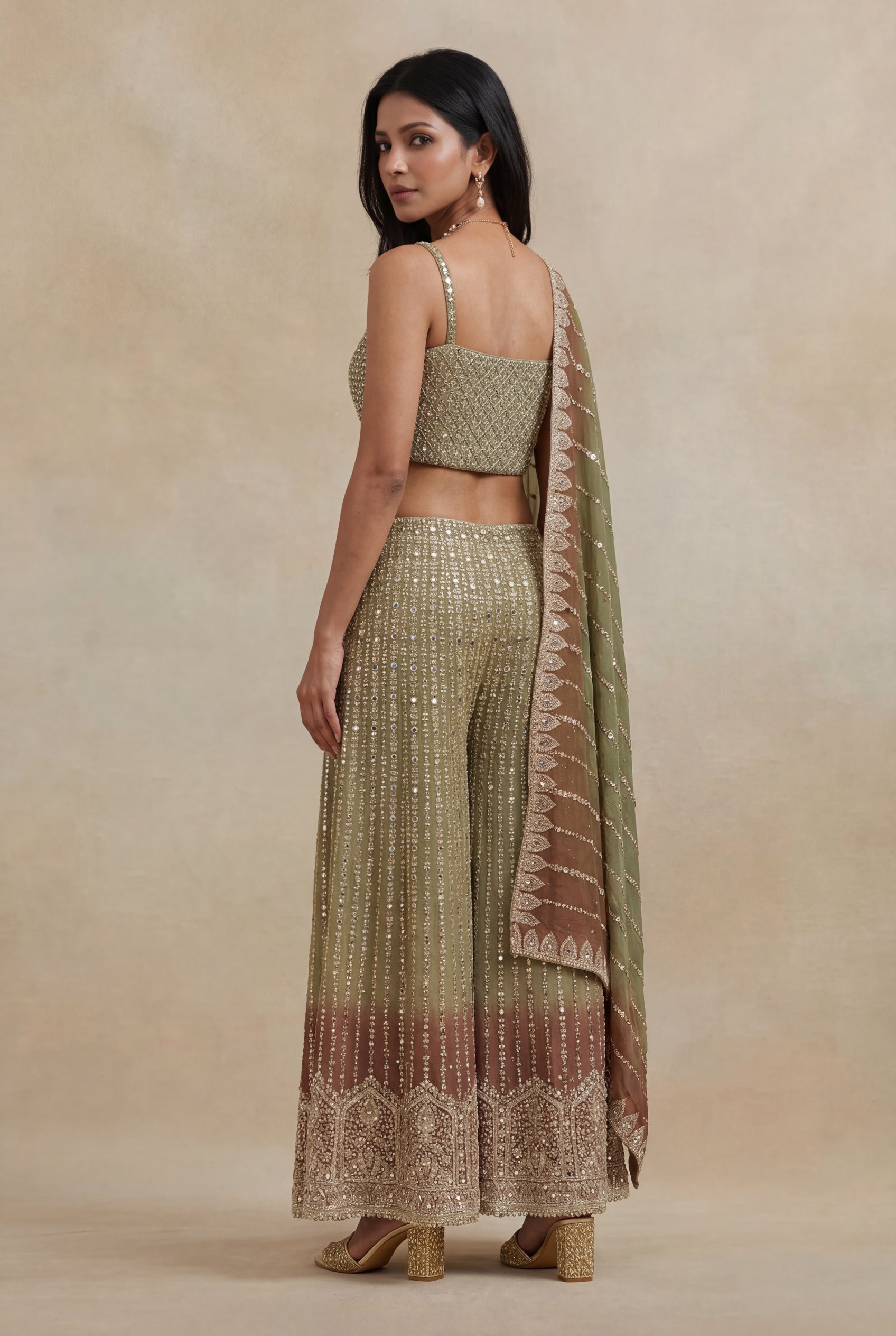 Gold Georgette Indo-Western Set with Stone & Mirror Work