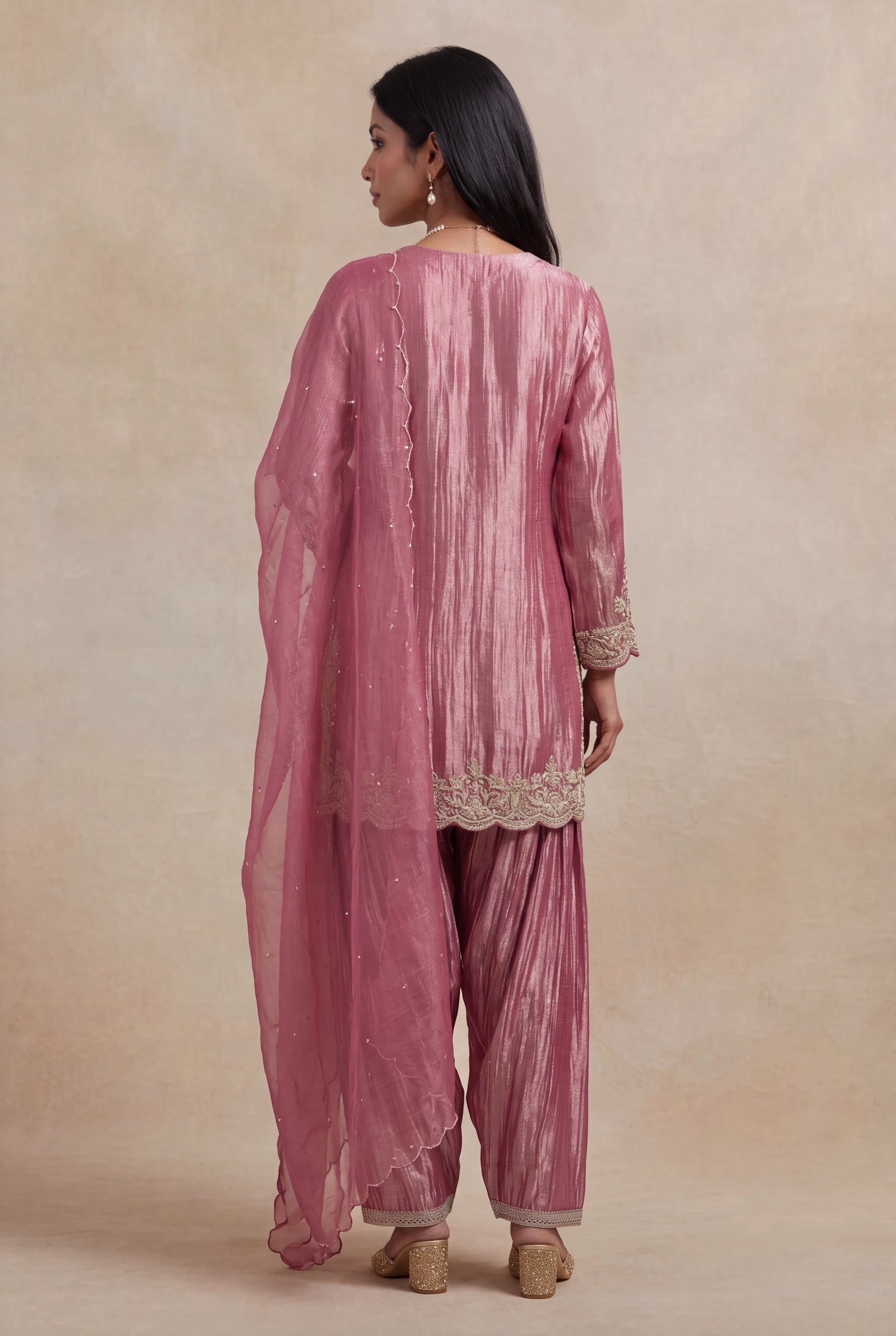Rose Pink Tissue Salwar Set with Zardosi Work