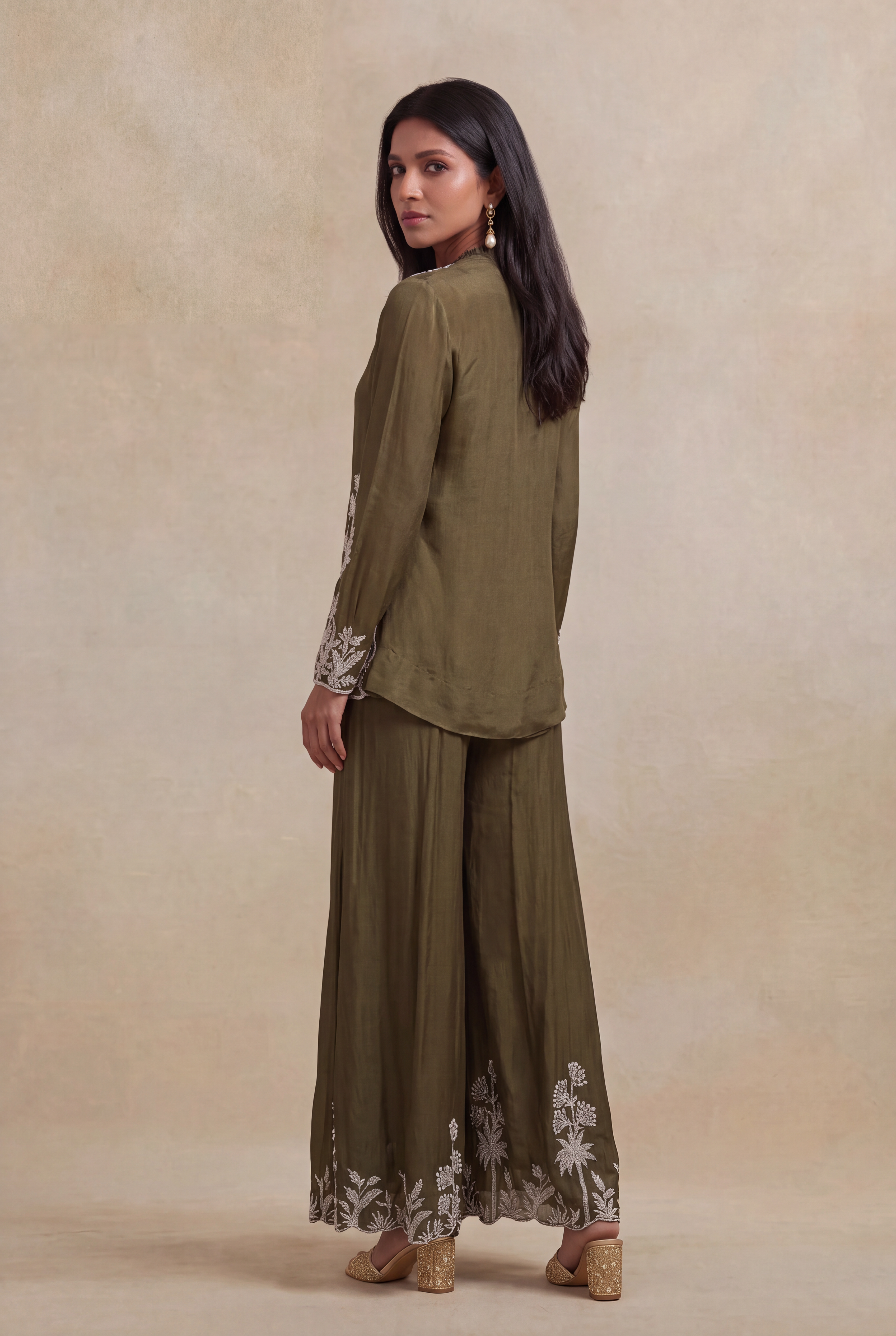 Olive Green Chinon Indo-Western Co-Ord Set