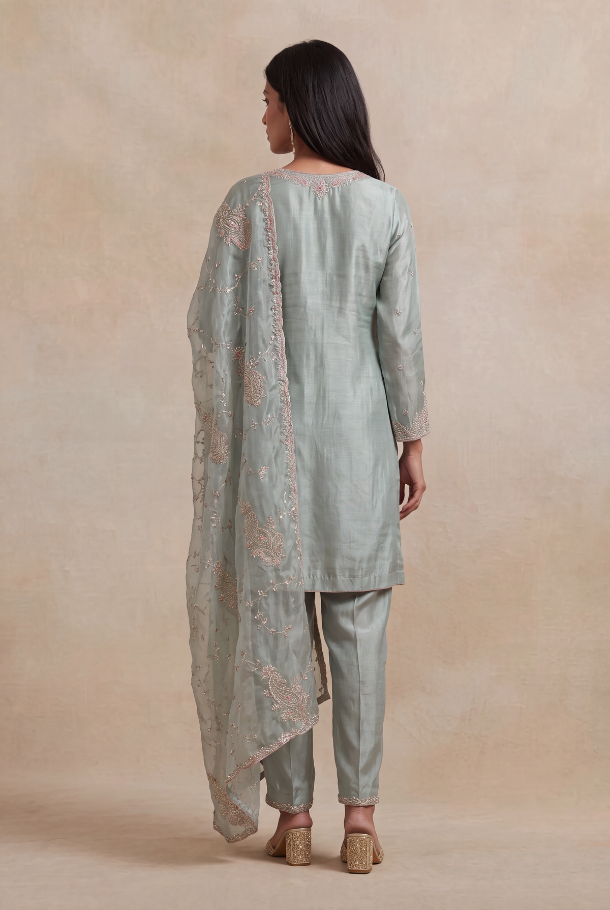 Sage Green Tissue Zardozi Straight Cut Salwar Suit