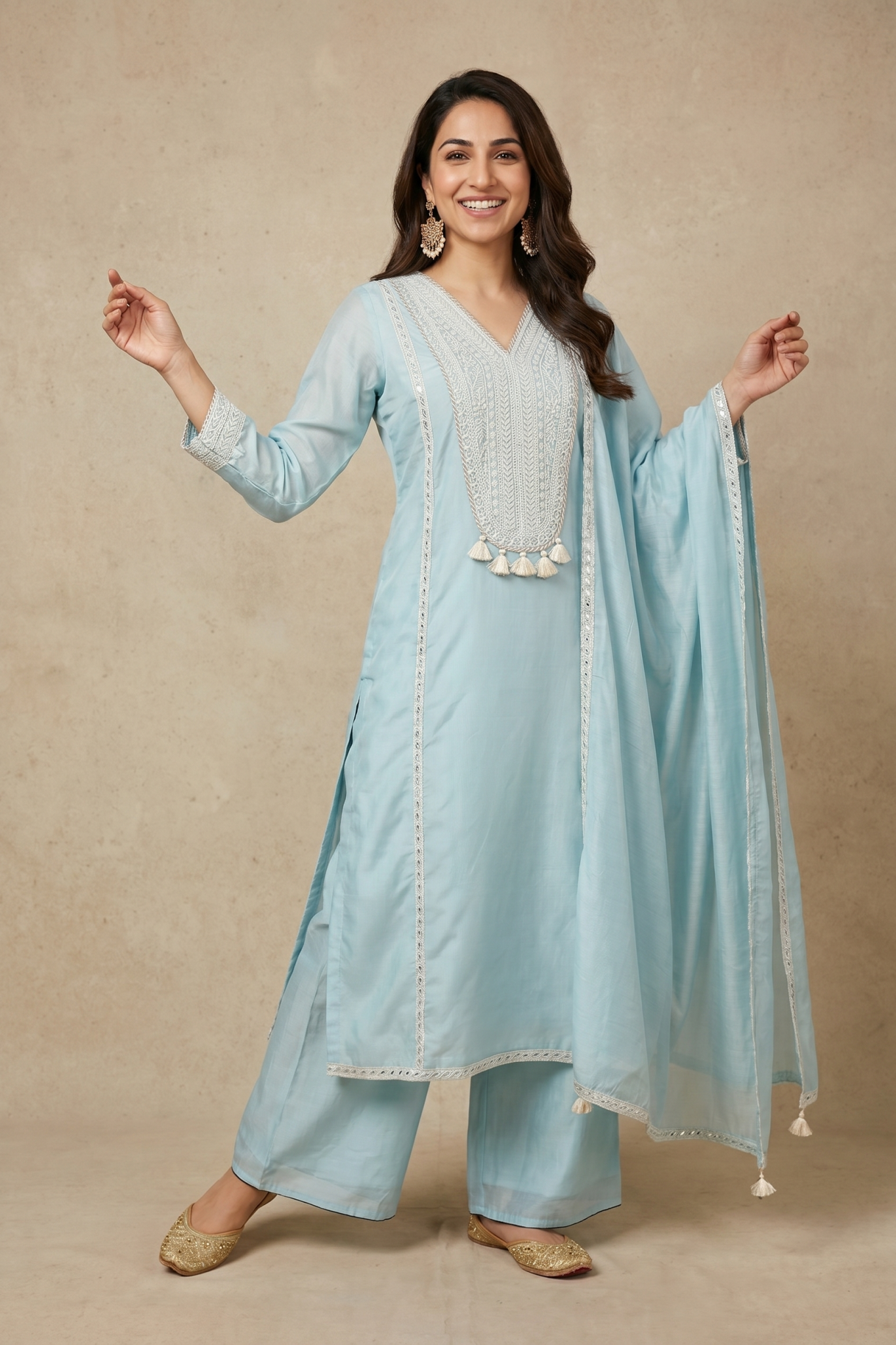 Powder Blue Chanderi Cotton Embroidered Salwar Set