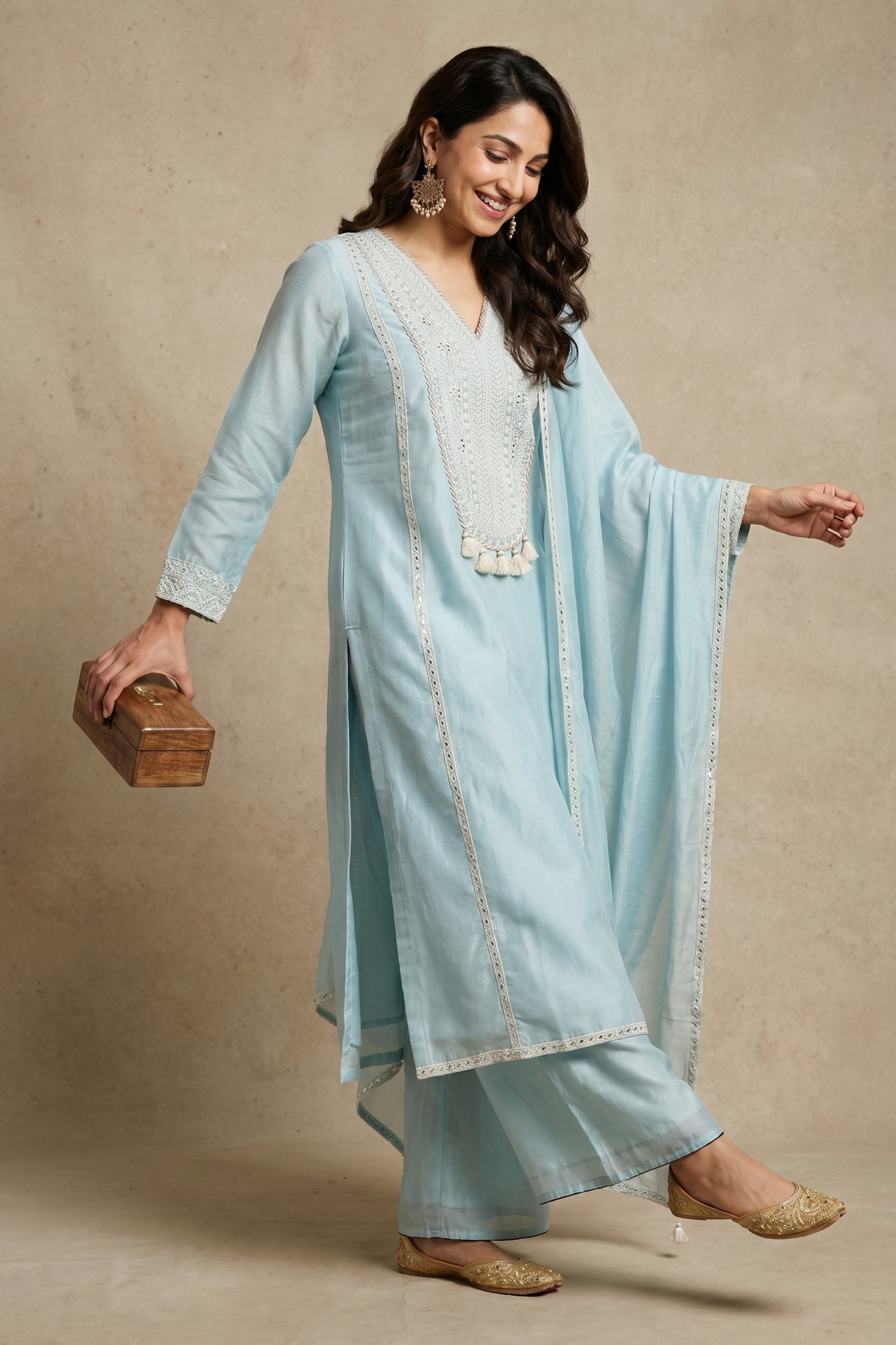 Powder Blue Chanderi Cotton Embroidered Salwar Set