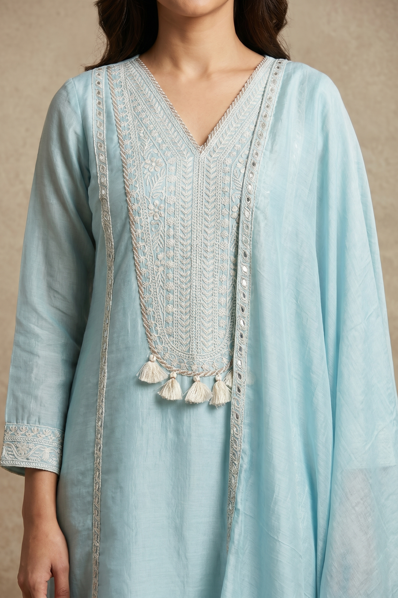 Powder Blue Chanderi Cotton Embroidered Salwar Set