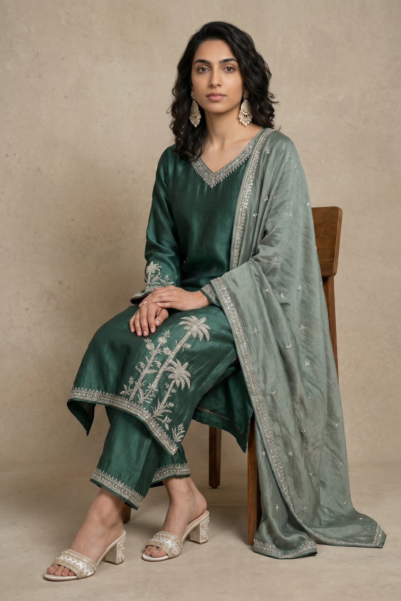 Emerald Green Raw Silk Embroidered Salwar Set