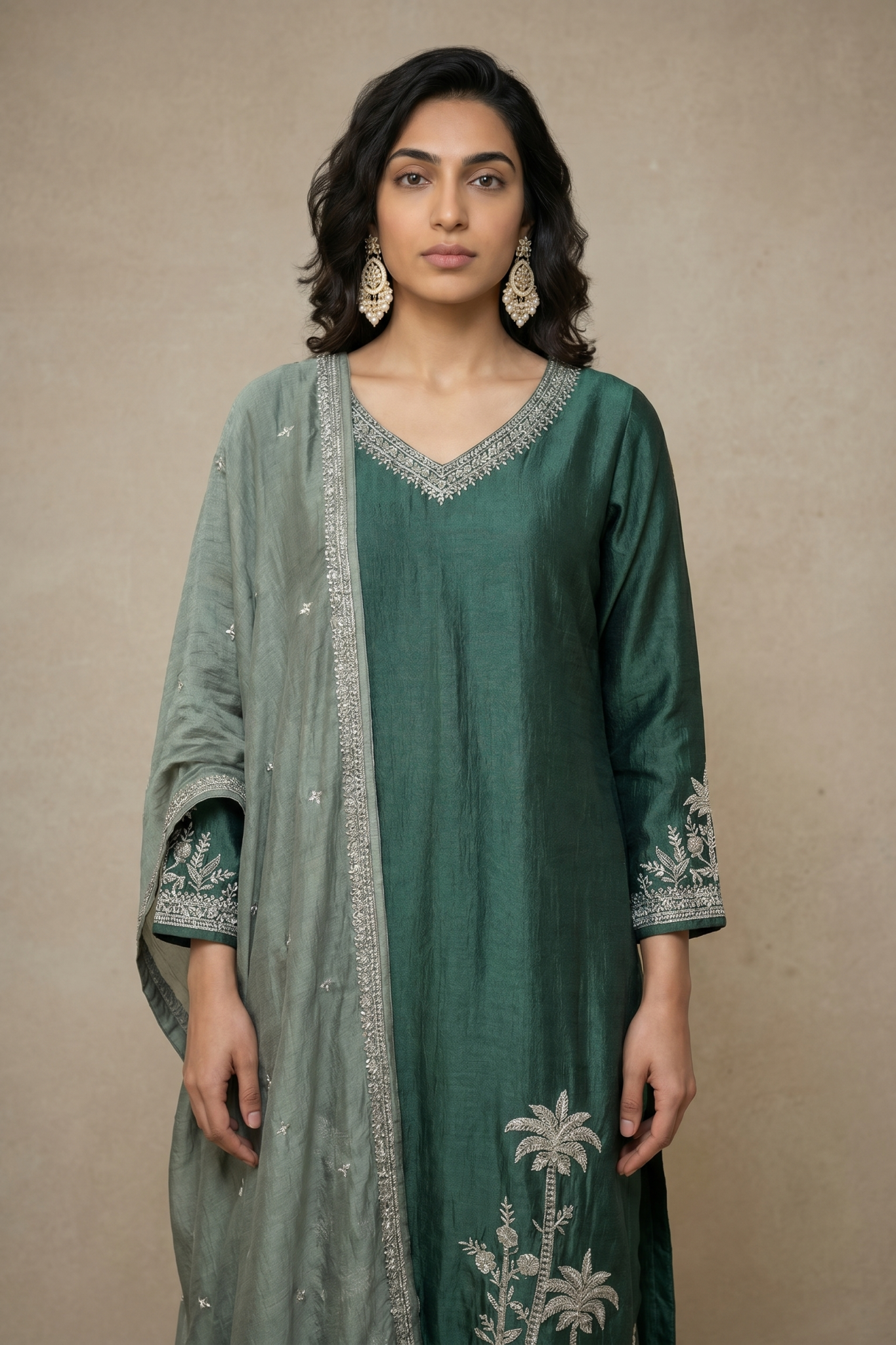Emerald Green Raw Silk Embroidered Salwar Set