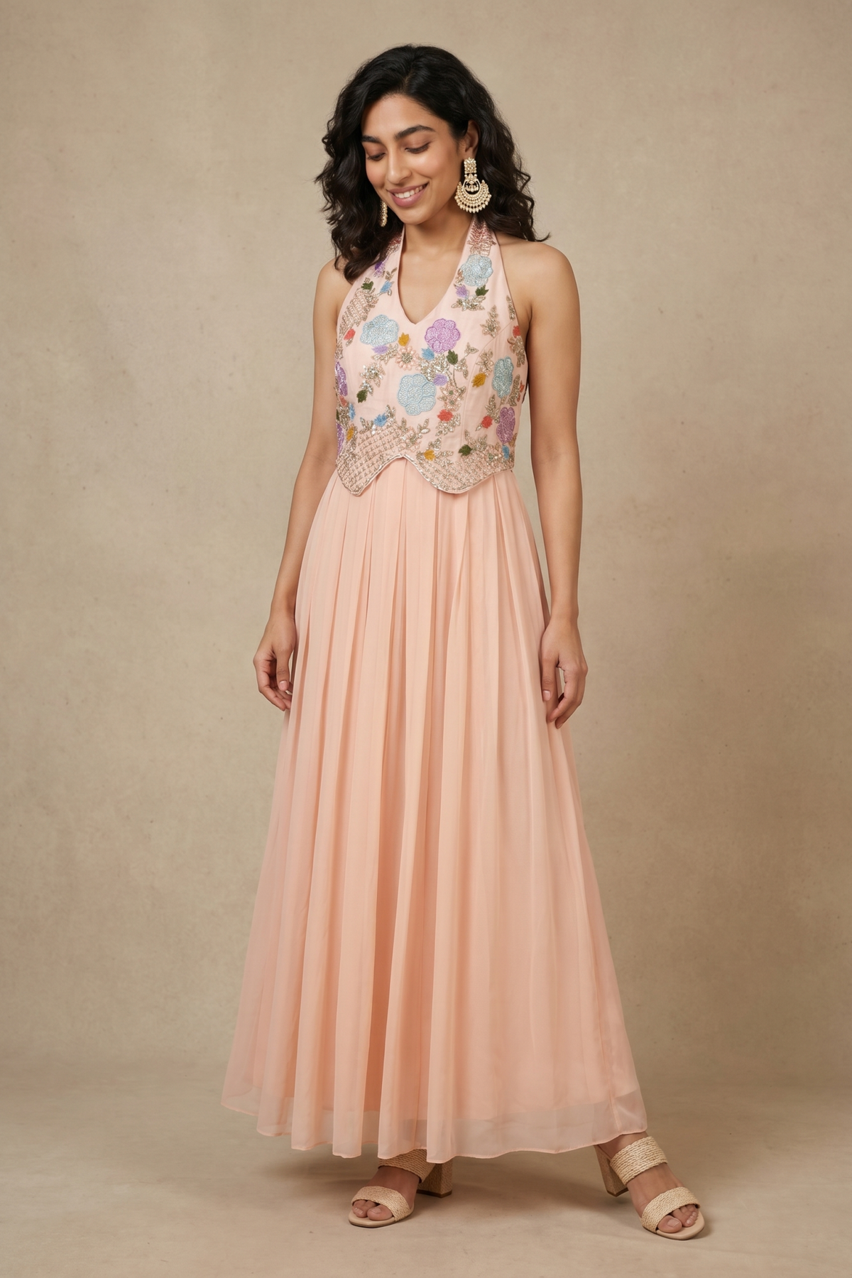 Peach Georgette Gown with Floral Thread & Applique Embroidery