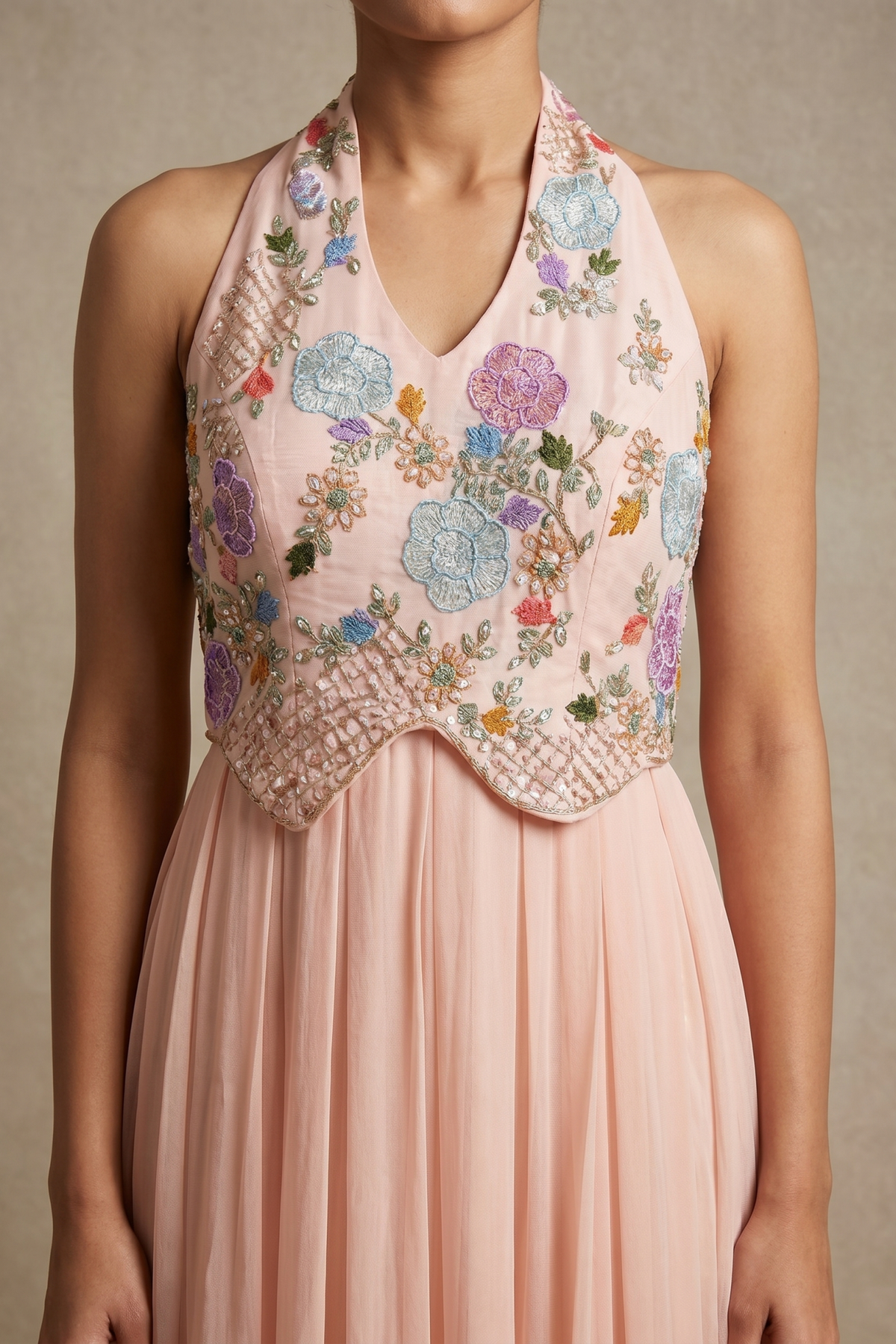Peach Georgette Gown with Floral Thread & Applique Embroidery