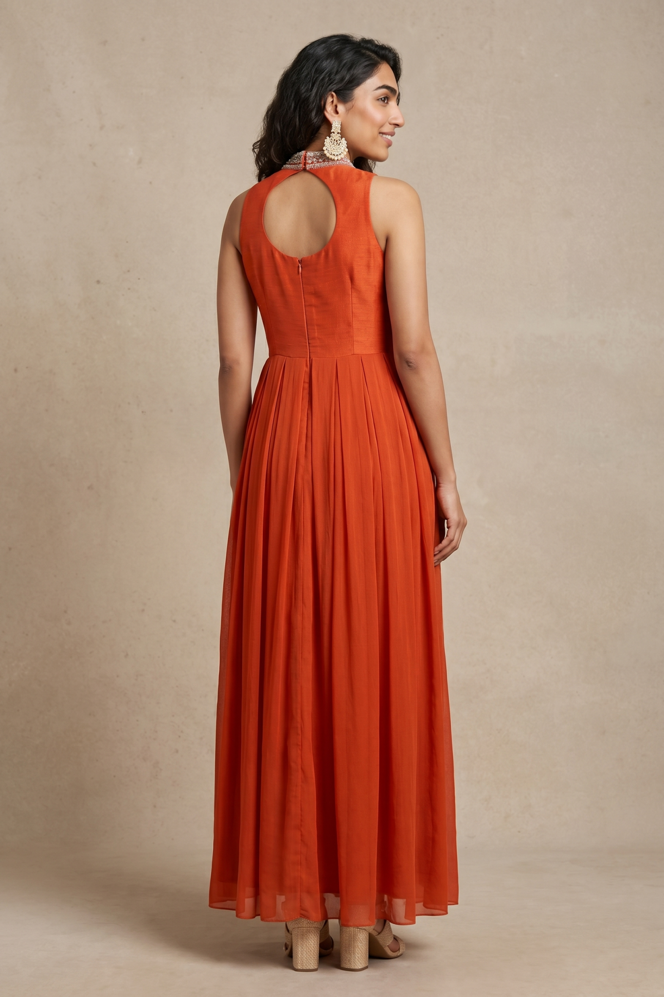 Rust Orange Georgette Gown with Floral Thread & Bead Embroidery