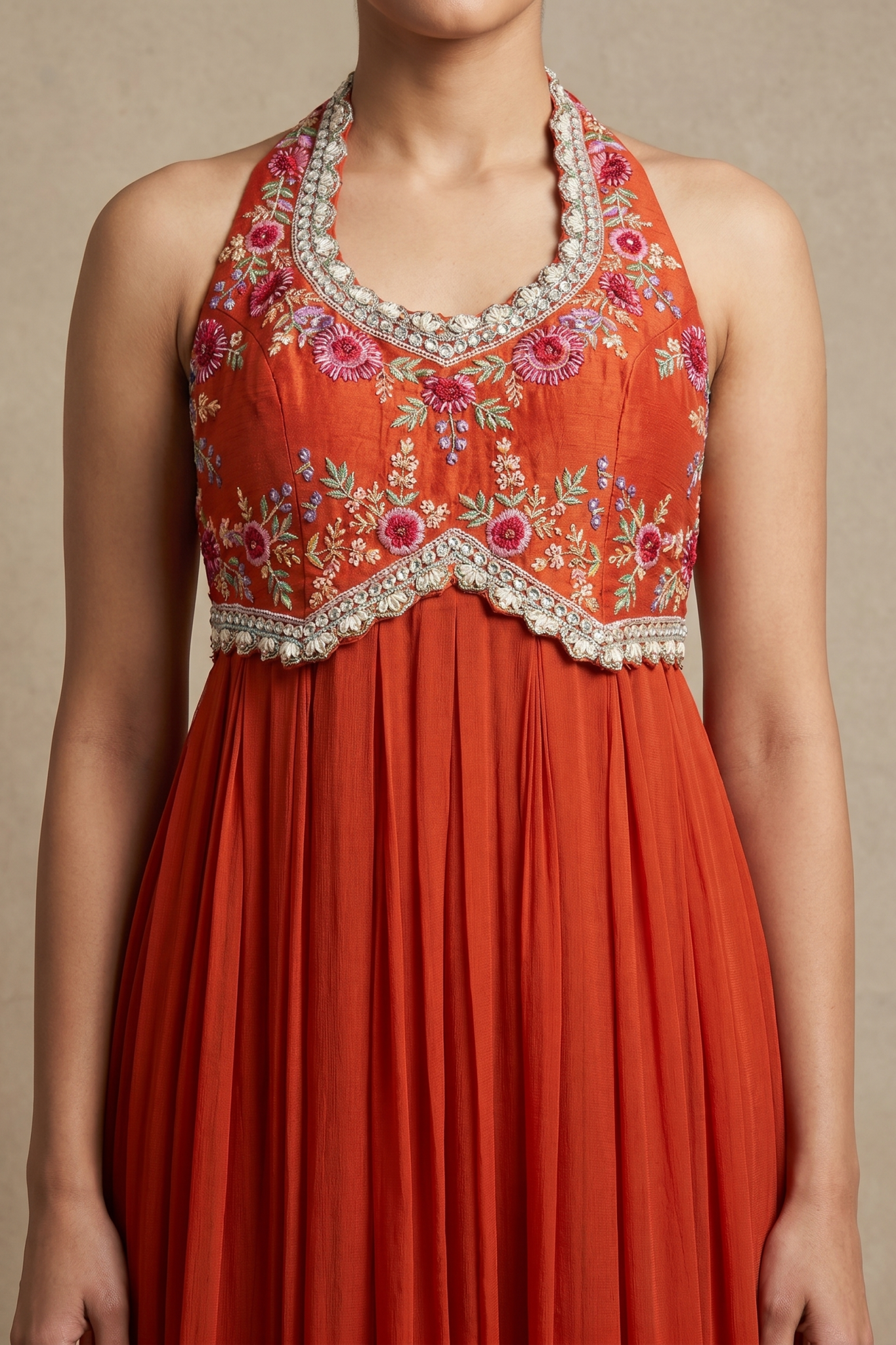 Rust Orange Georgette Gown with Floral Thread & Bead Embroidery