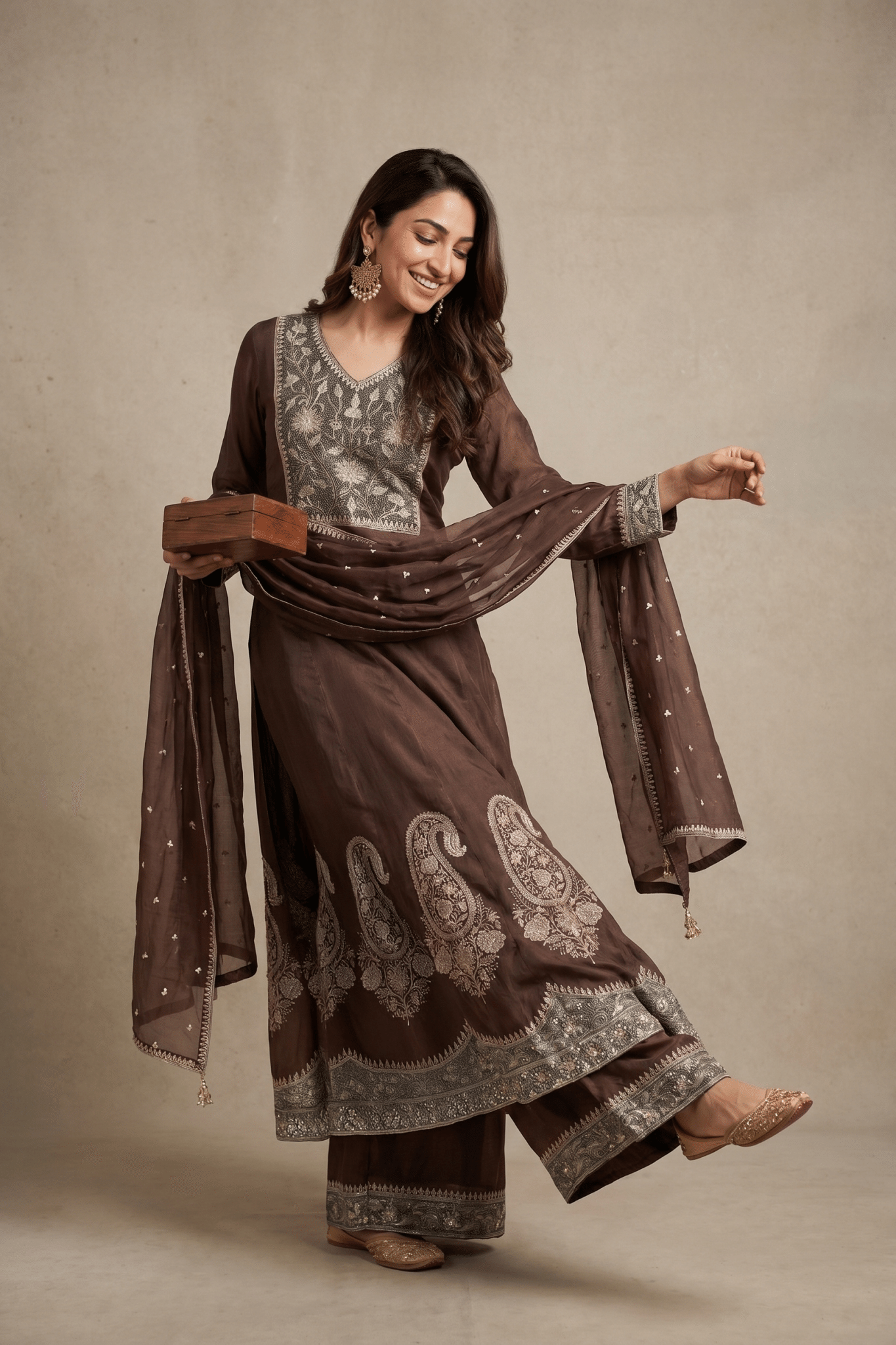 Brown Chanderi Cotton Embroidered Salwar Set