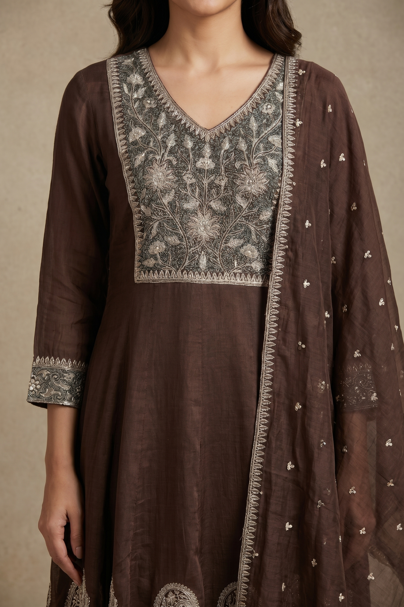Brown Chanderi Cotton Embroidered Salwar Set