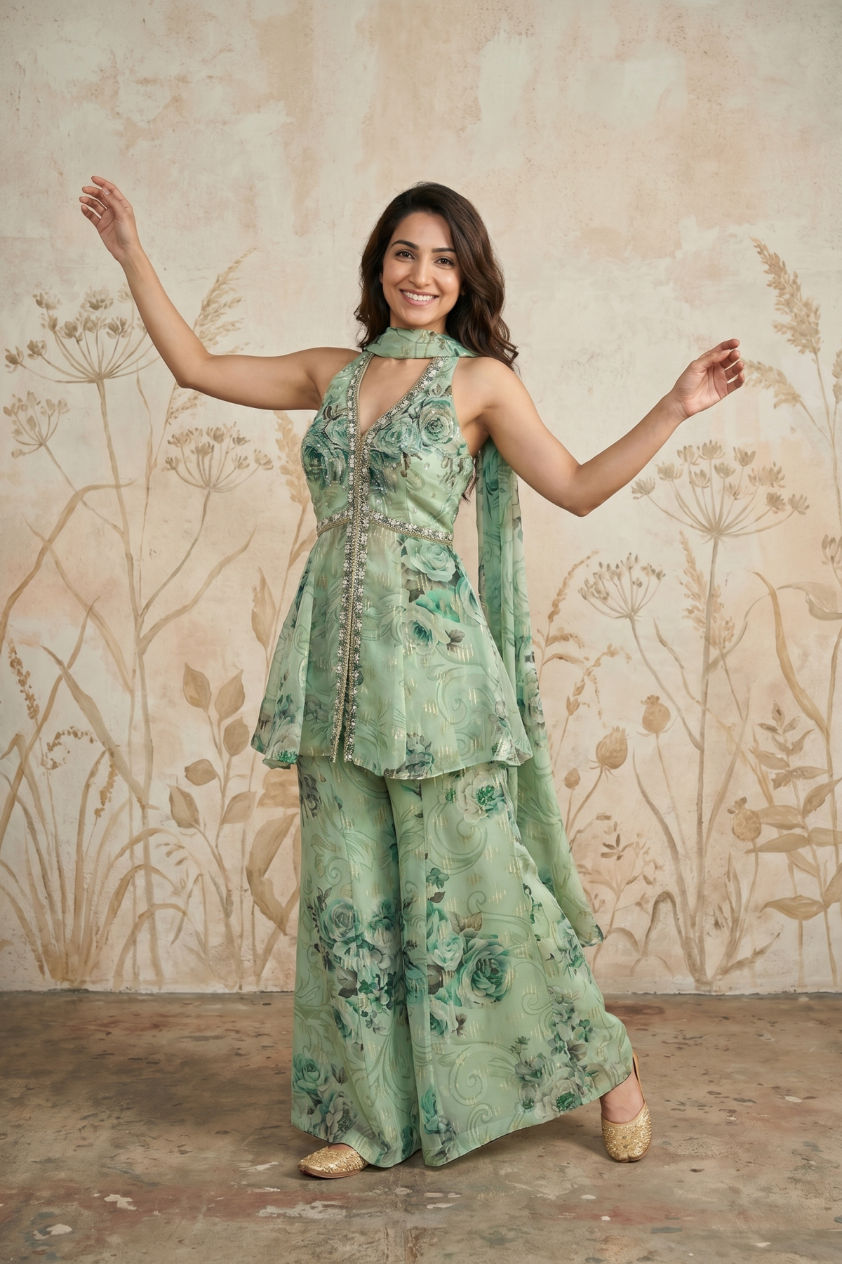 Mint Green Organza Peplum & Palazzo Set with Floral Print, Mirror & Kundan Work
