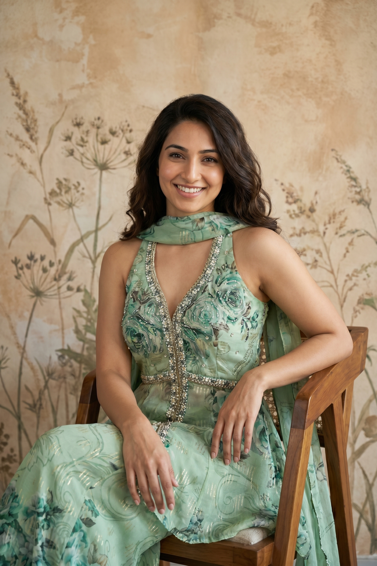 Mint Green Organza Peplum & Palazzo Set with Floral Print, Mirror & Kundan Work