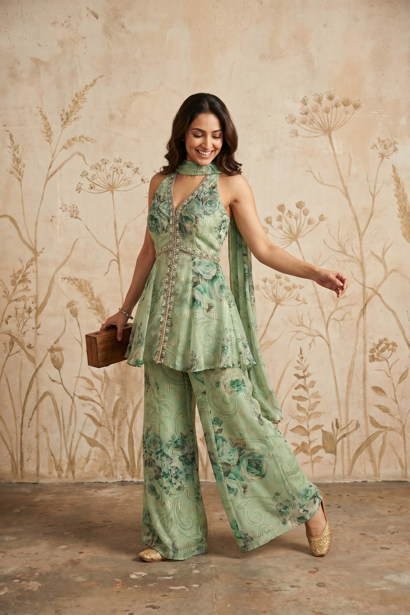 Mint Green Organza Peplum & Palazzo Set with Floral Print, Mirror & Kundan Work