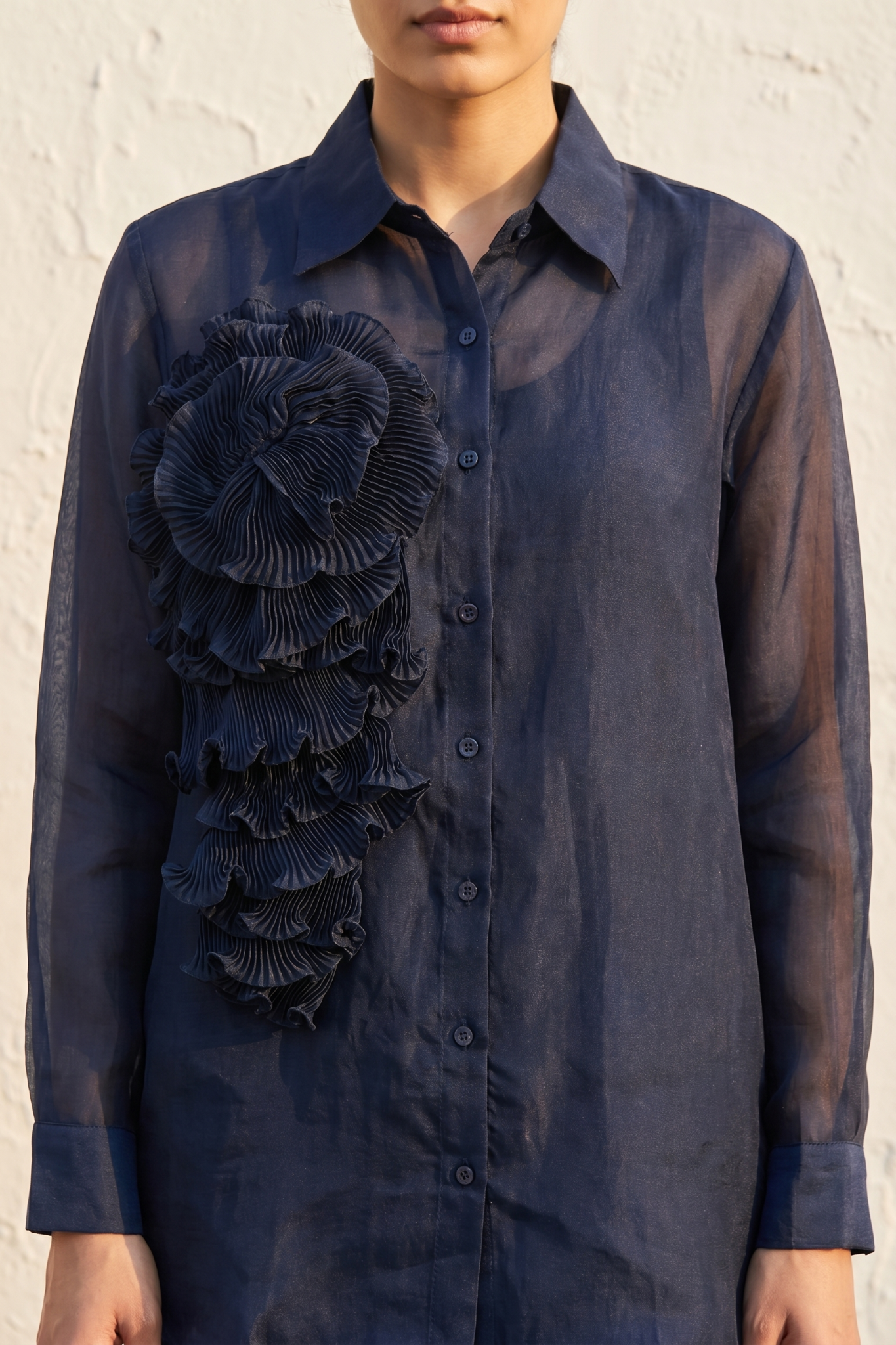 Navy Organza Co-ord Set with 3D Pleated Rose Appliqué