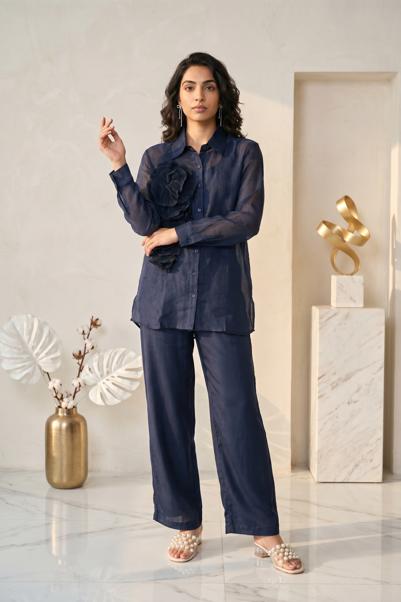 Navy Organza Co-ord Set with 3D Pleated Rose Appliqué
