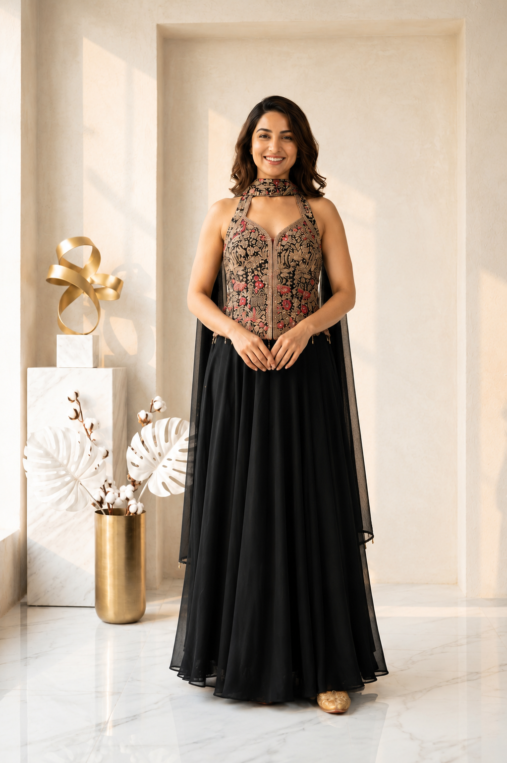 Black Georgette Zari-Embellished Indo Western Set