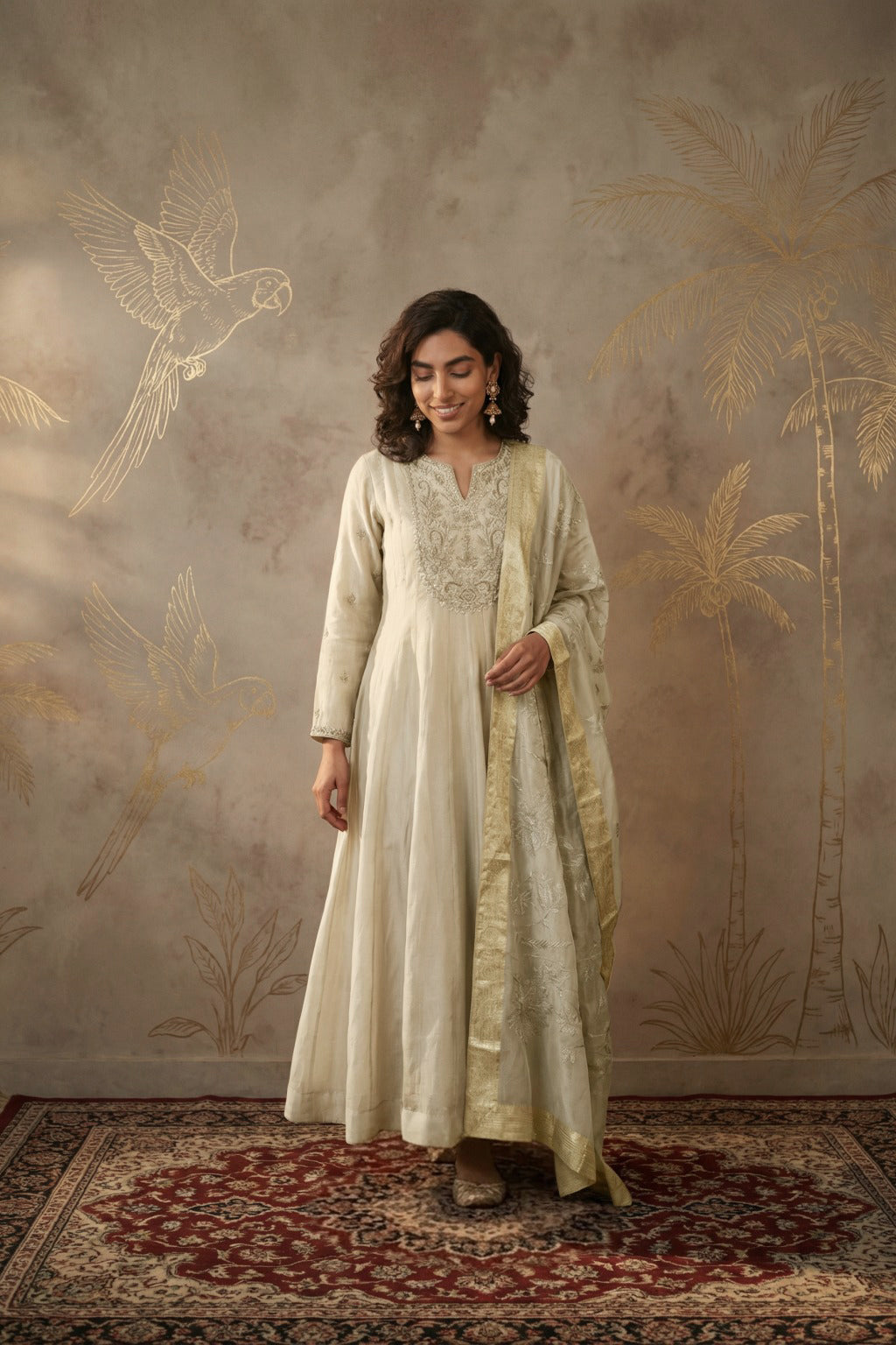 Cream Tissue Anarkali with Banarasi Dupatta