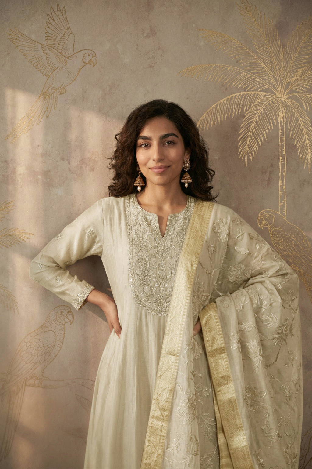 Cream Tissue Anarkali with Banarasi Dupatta