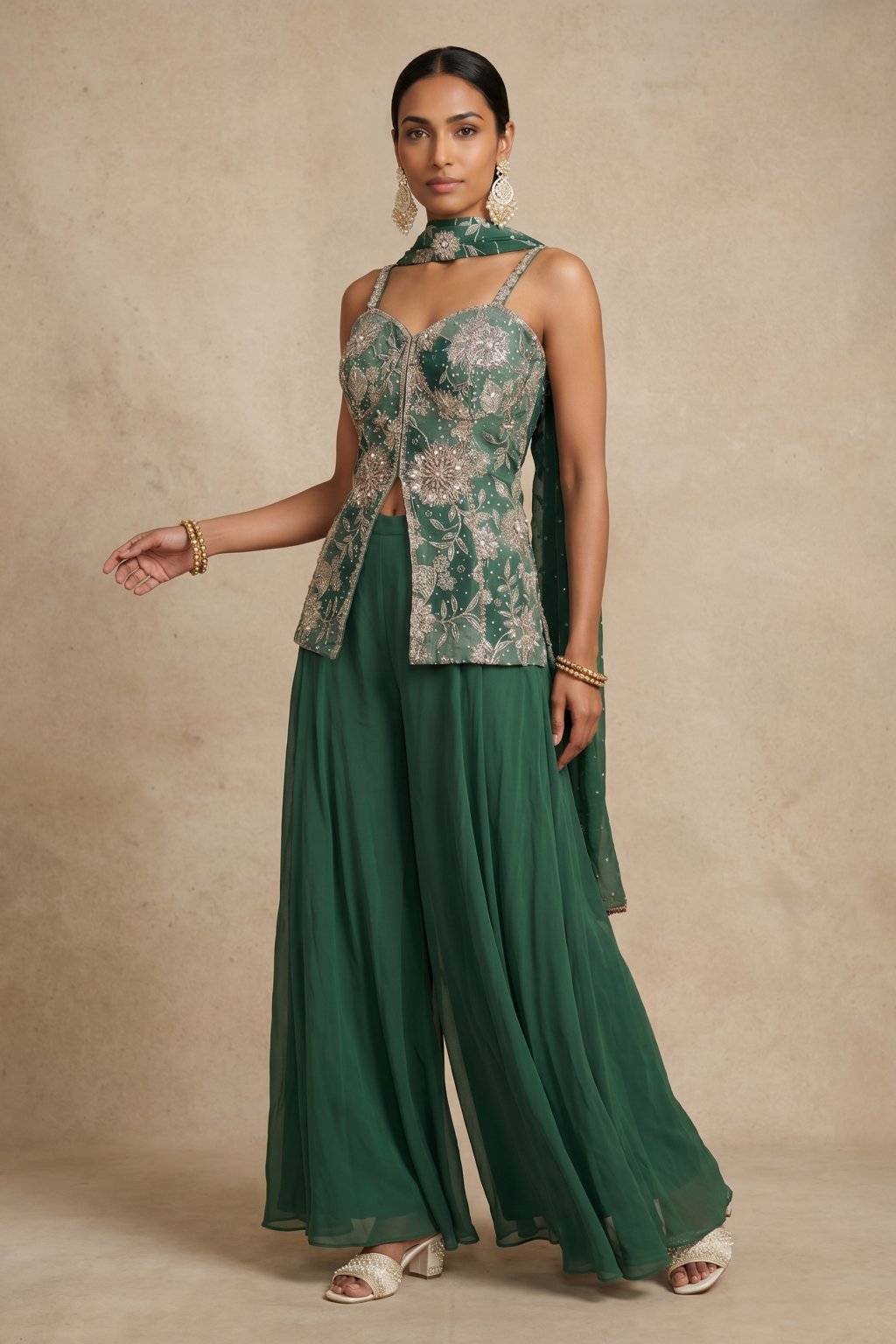 Emerald Green Embroidered Sharara Set