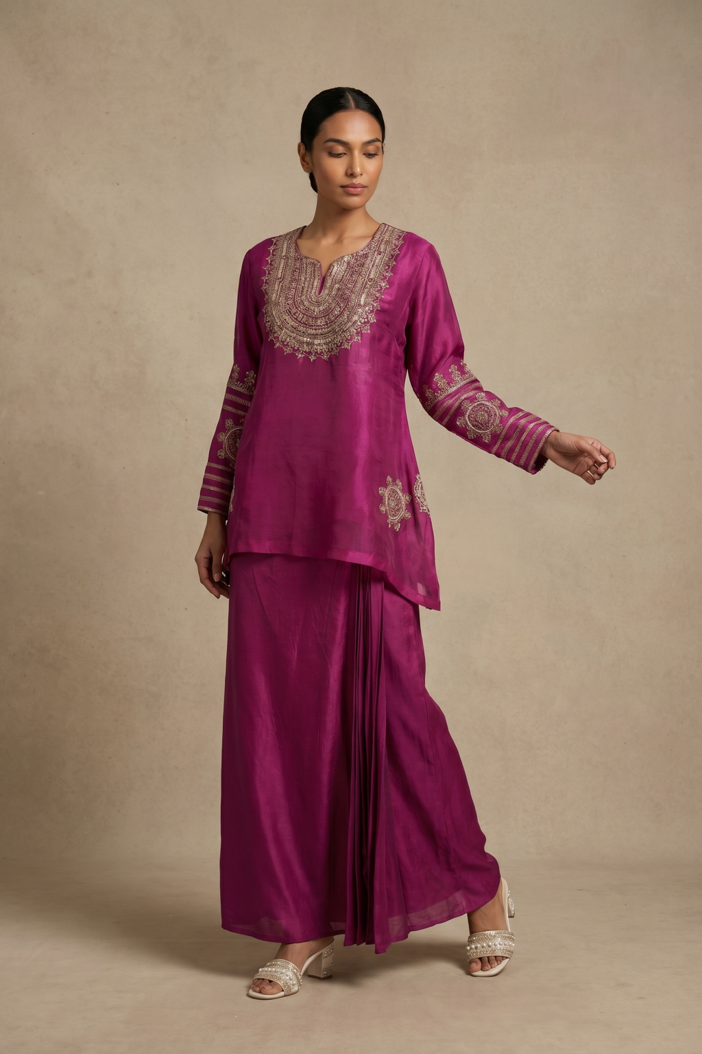 Magenta Organza Top with Satin Dhoti Set