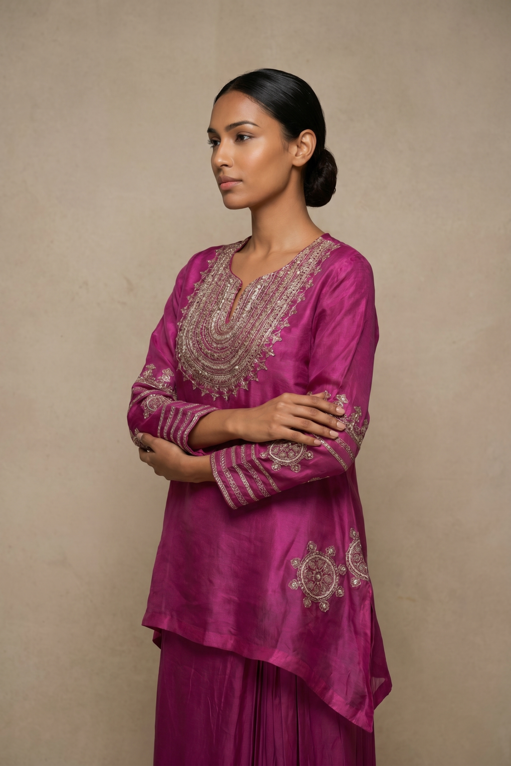 Magenta Organza Top with Satin Dhoti Set