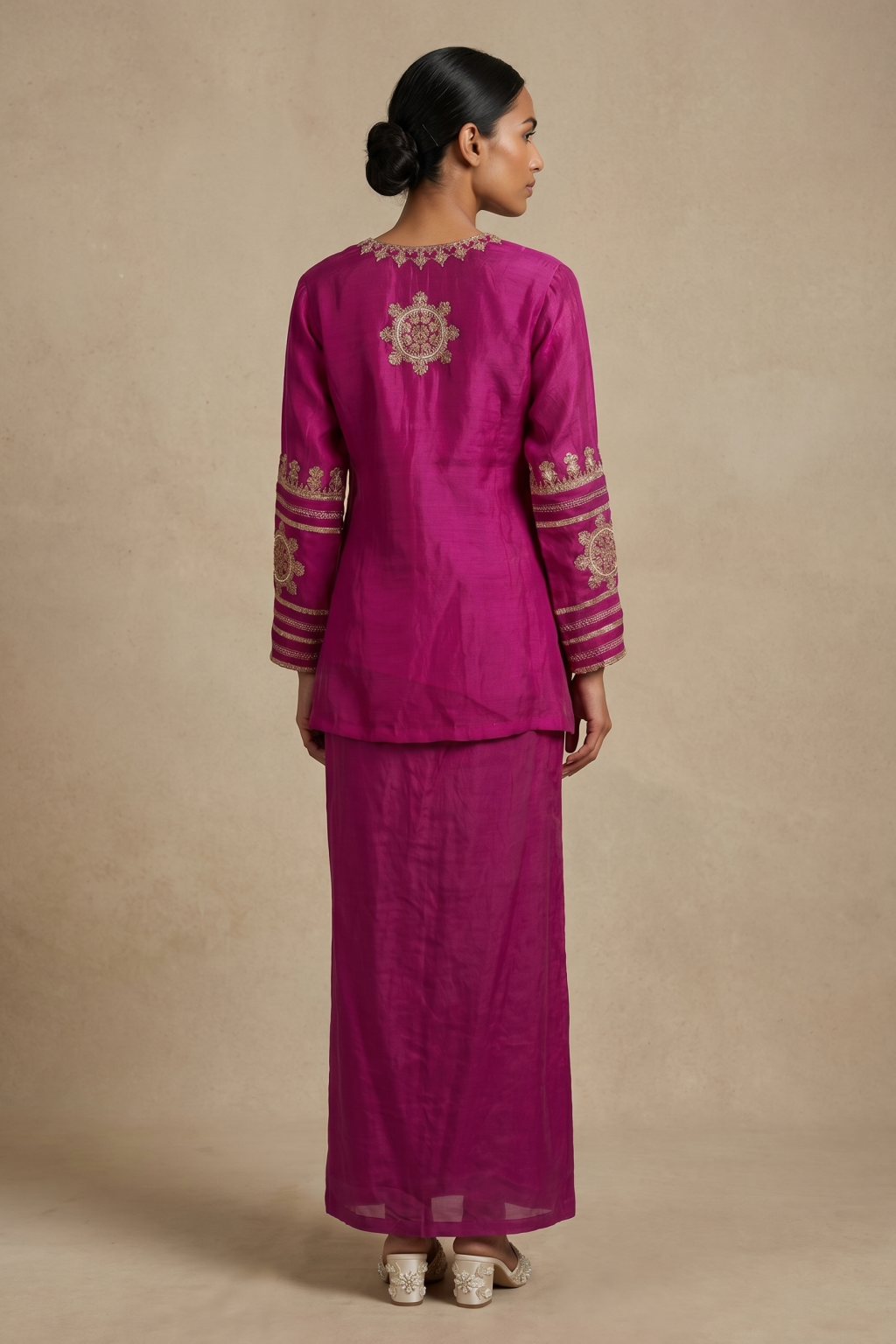 Magenta Organza Top with Satin Dhoti Set