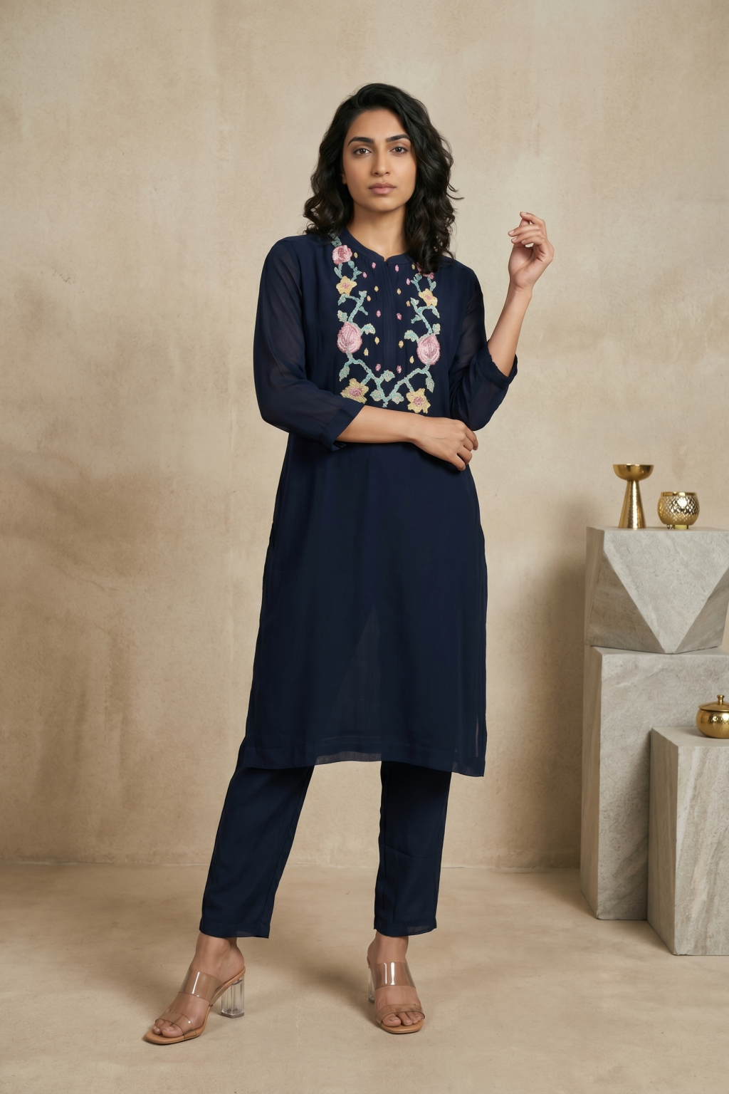 Navy Blue Floral Embroidered Kurti Set