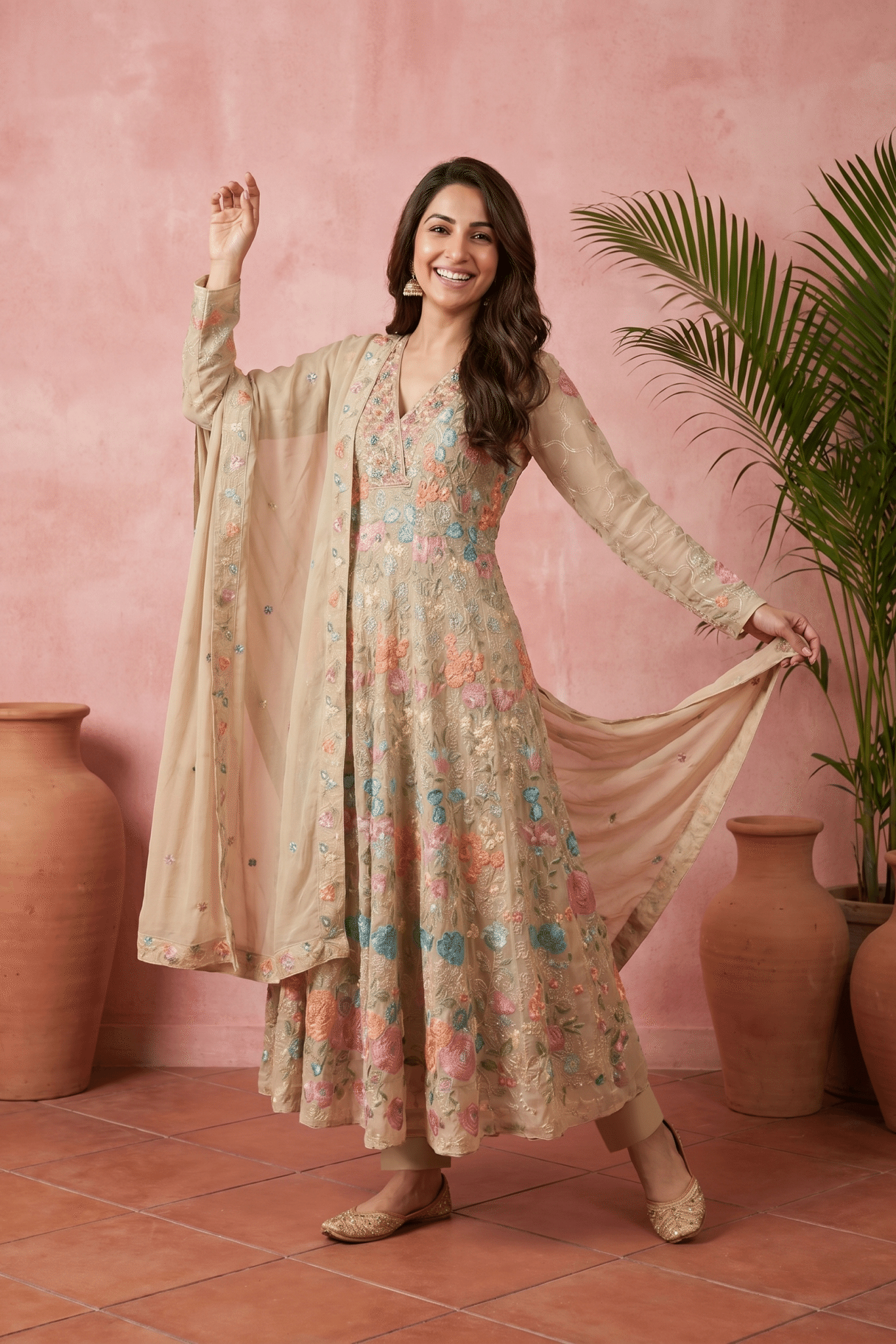 Beige Floral Embroidered Premium Anarkali Set