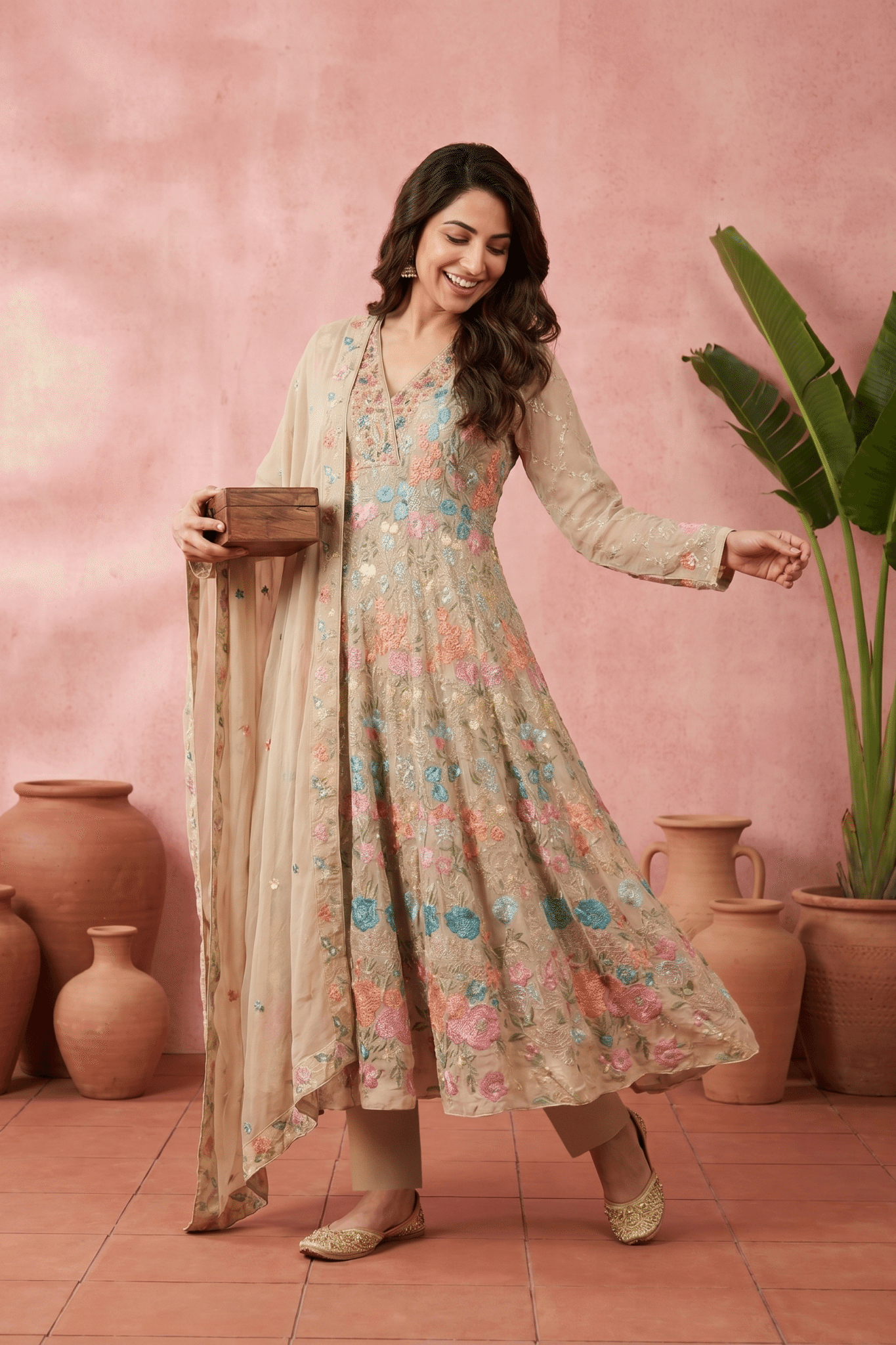 Beige Floral Embroidered Premium Anarkali Set