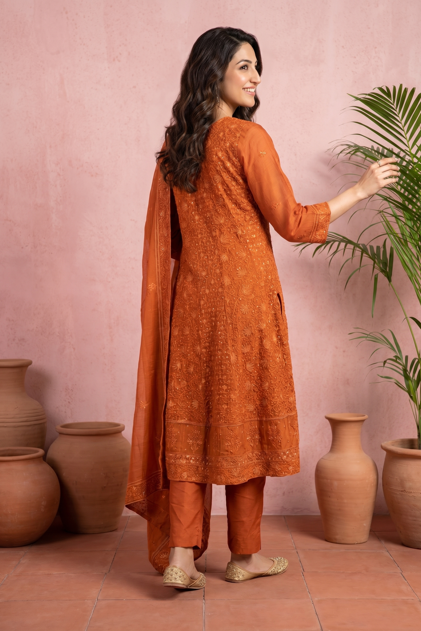 Burnt Orange Embroidered Cotton Salwar Set