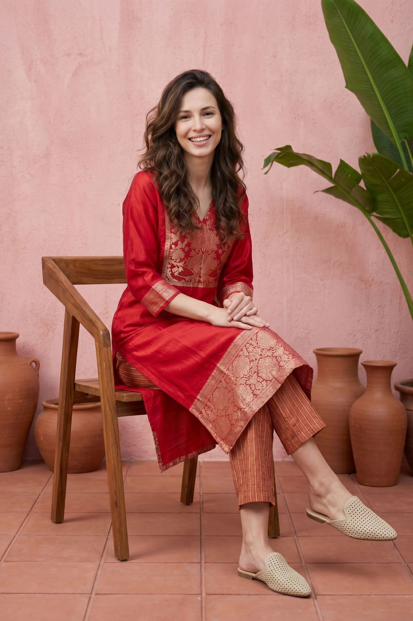 Red Silk Kurti Set with Woven Detailing