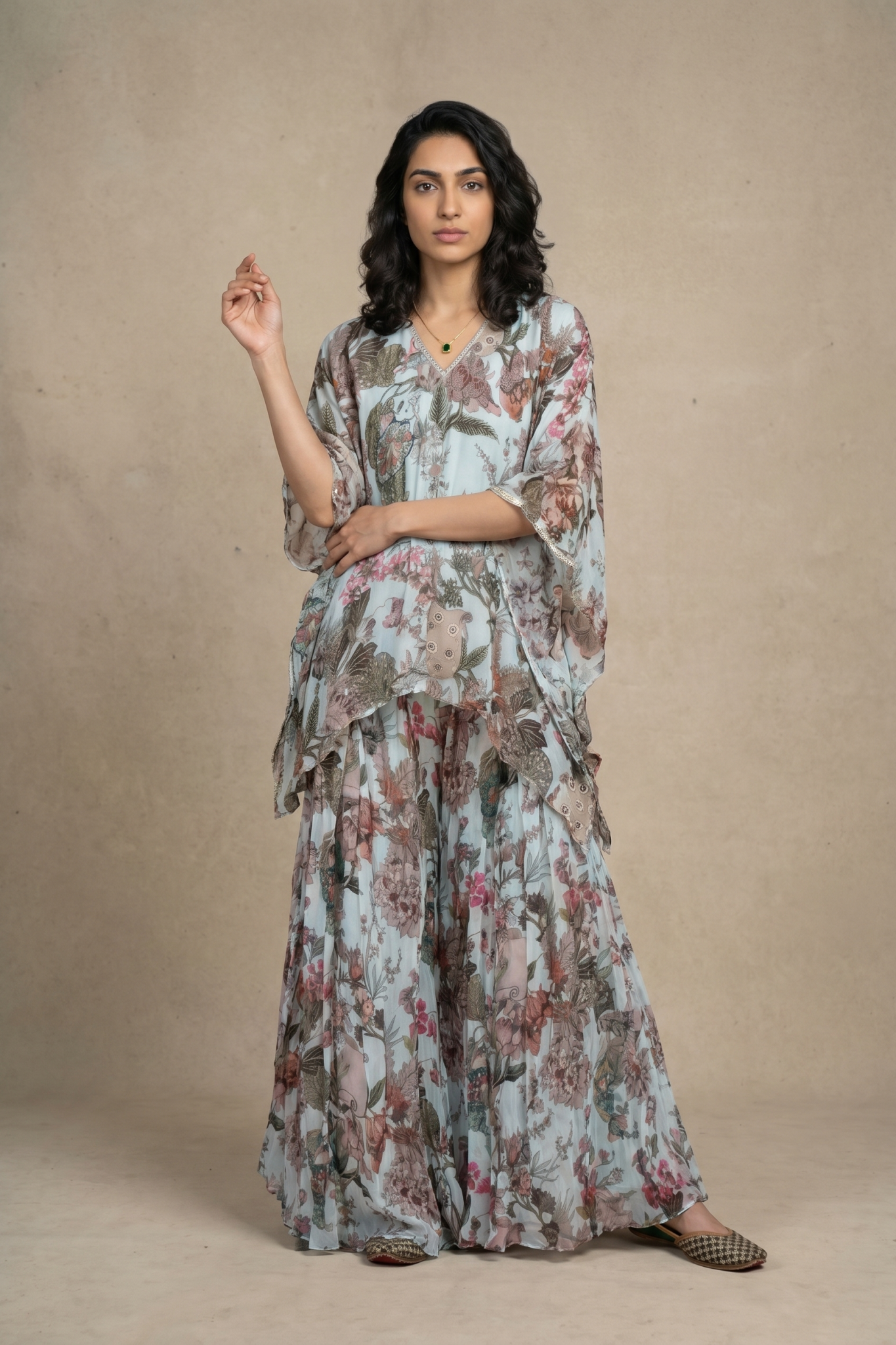 Pastel Floral Cape Palazzo Set