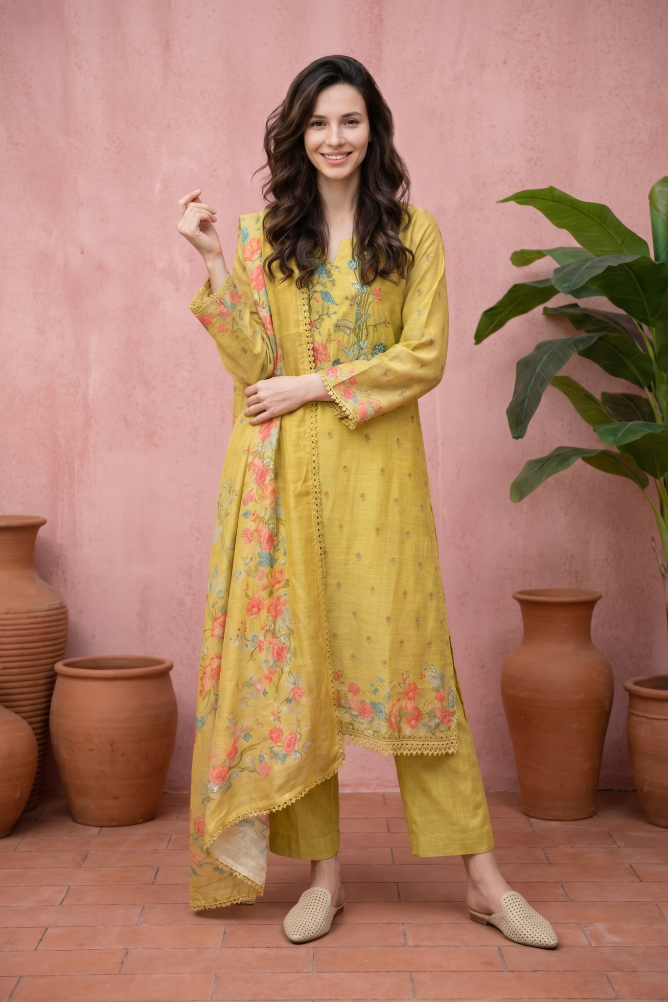 Mustard Floral Cotton Suit Set