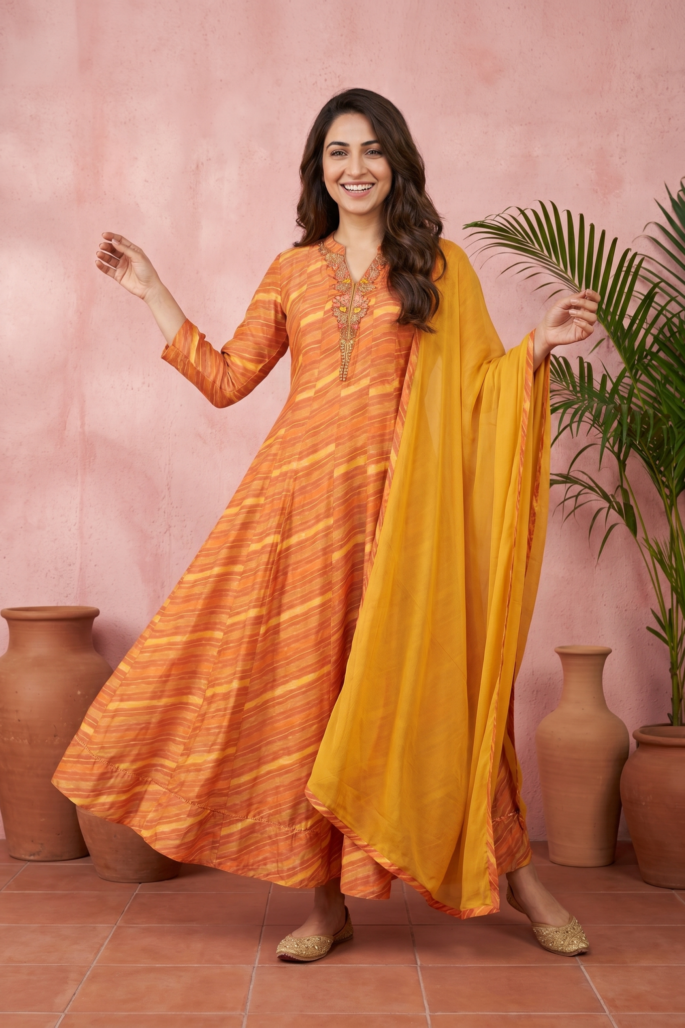 Sunset Orange Leheriya Anarkali Set