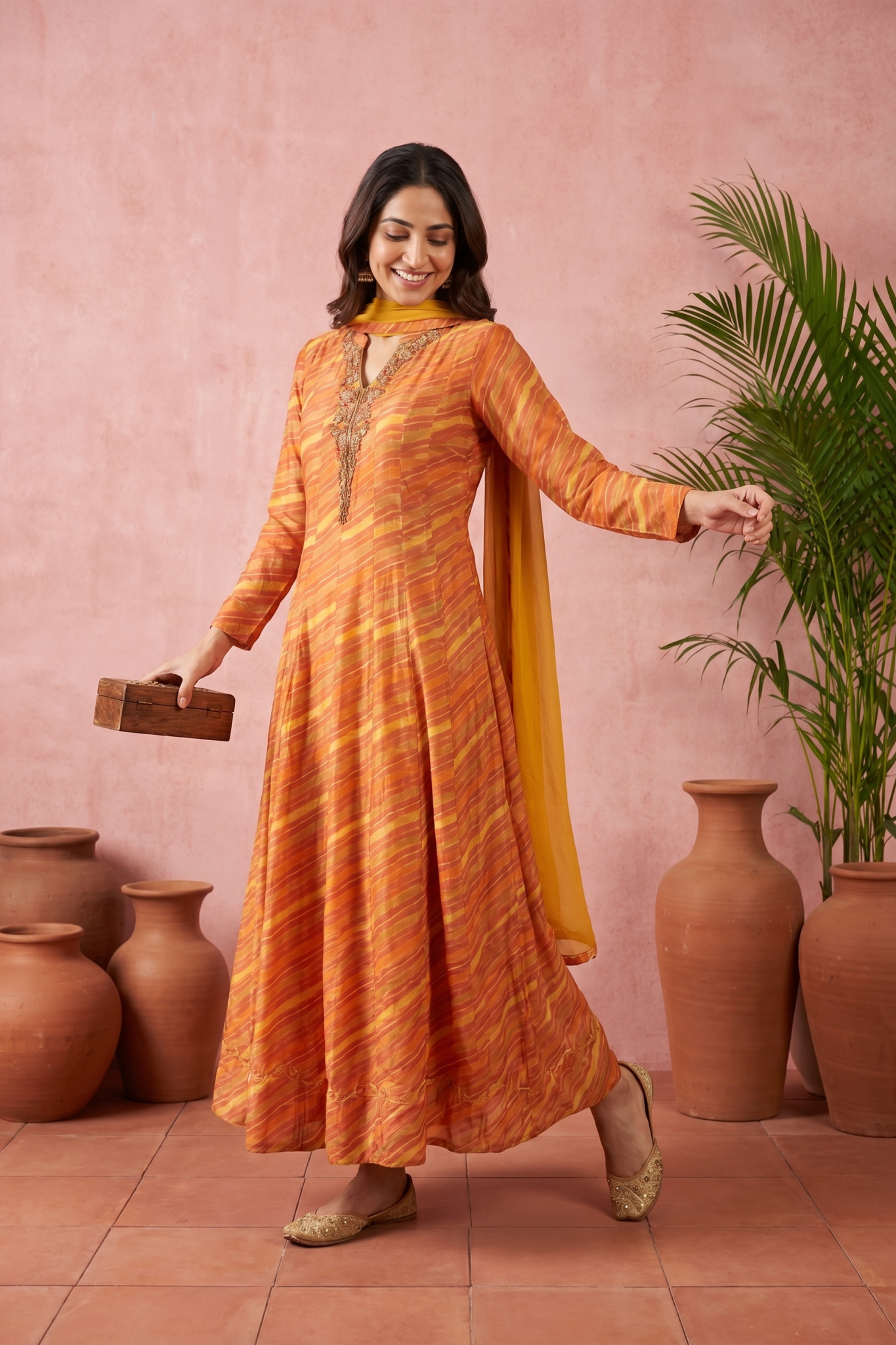 Sunset Orange Leheriya Anarkali Set