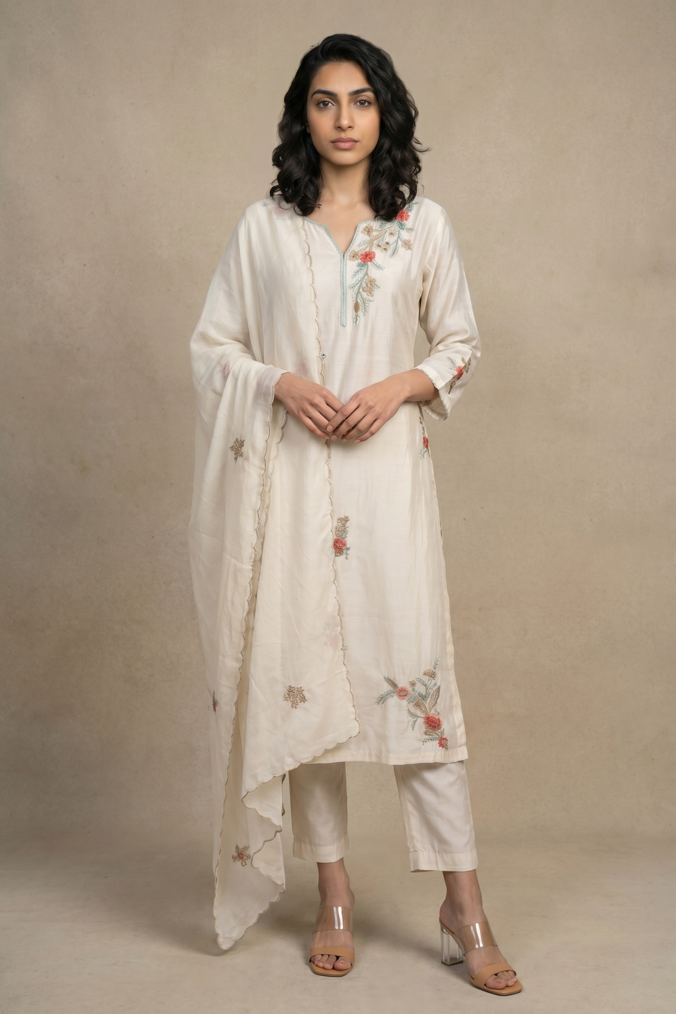 Ivory Floral Embroidered Cotton Salwar Set