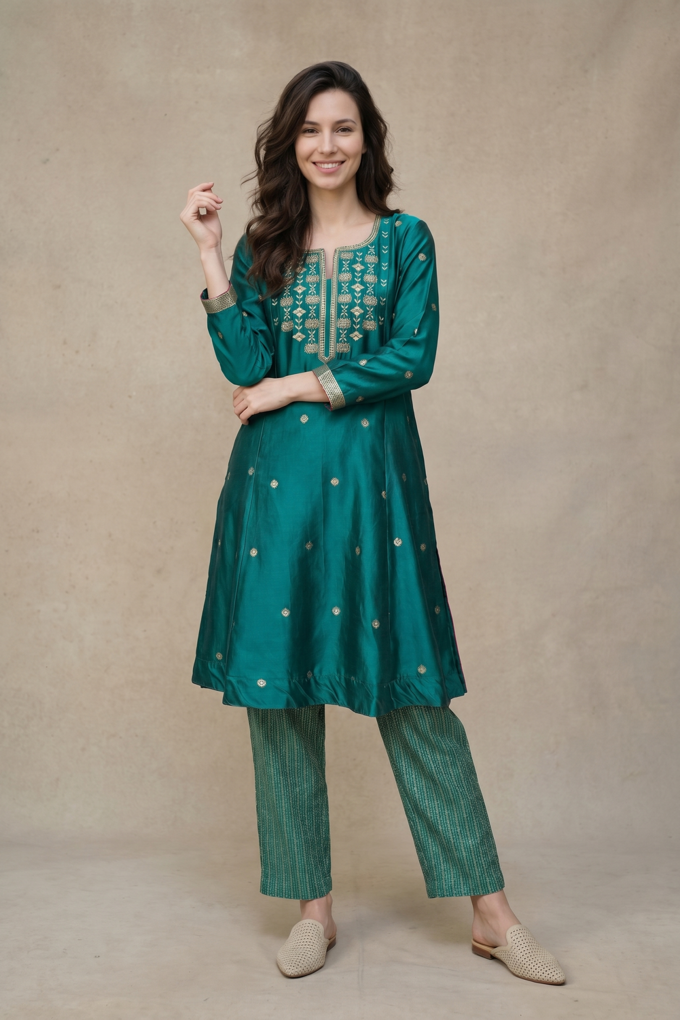 Teal Green Silk Kurta Set